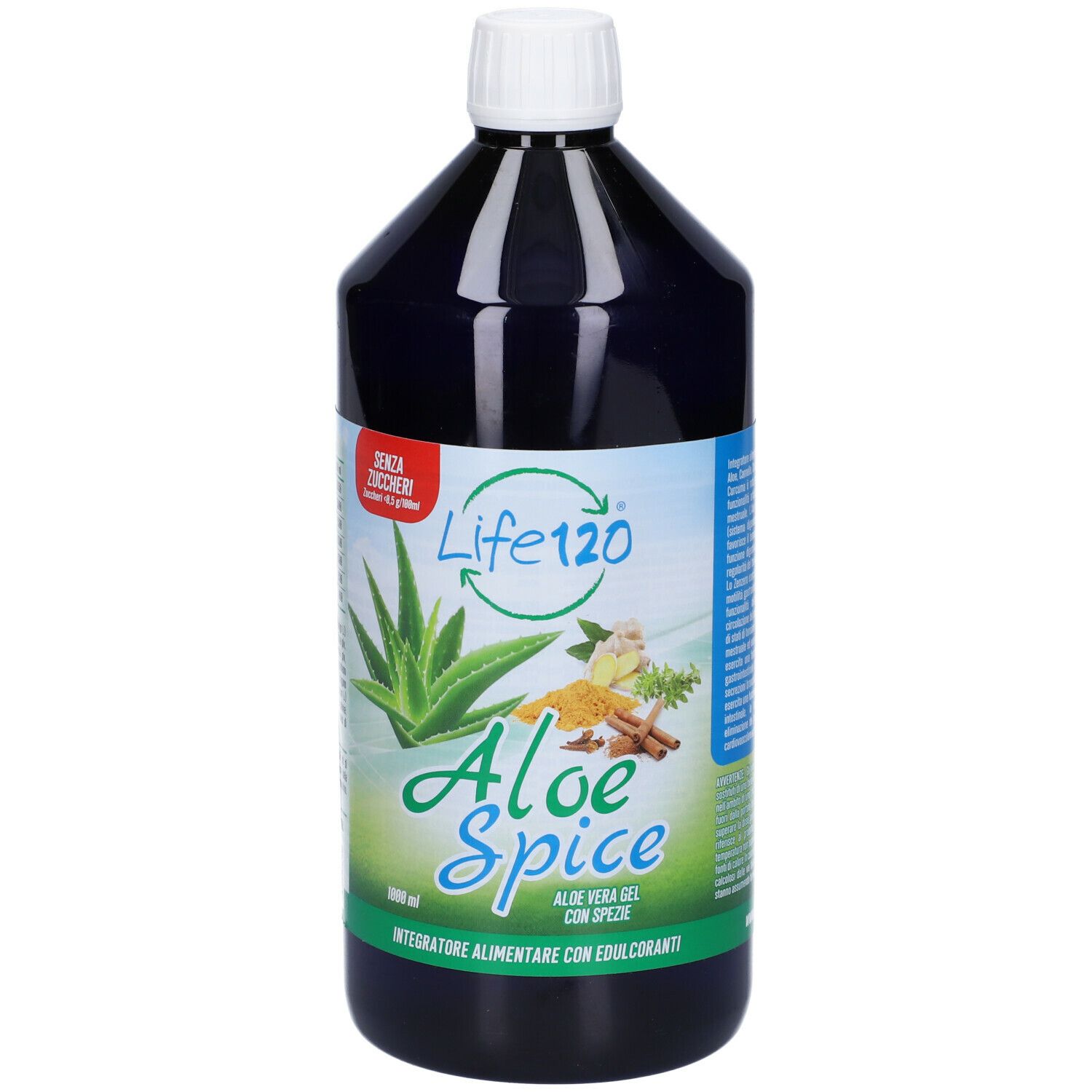 Bottiglia nera con tappo bianco. Scritta Life120 Aloe Spice. Illustrazione di aloe vera e spezie.