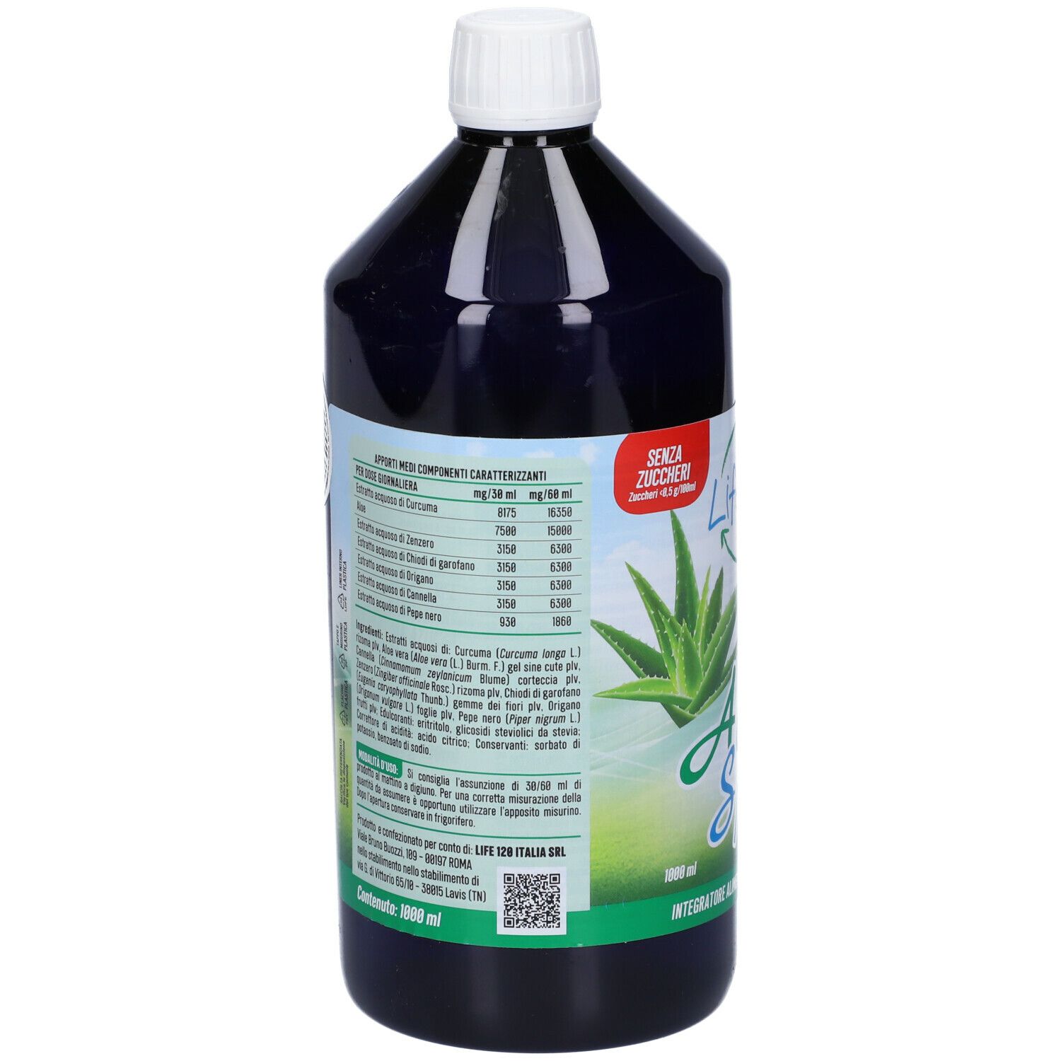 Bottiglia nera con tappo bianco. Retro con informazioni nutrizionali e tabella ingredienti.
