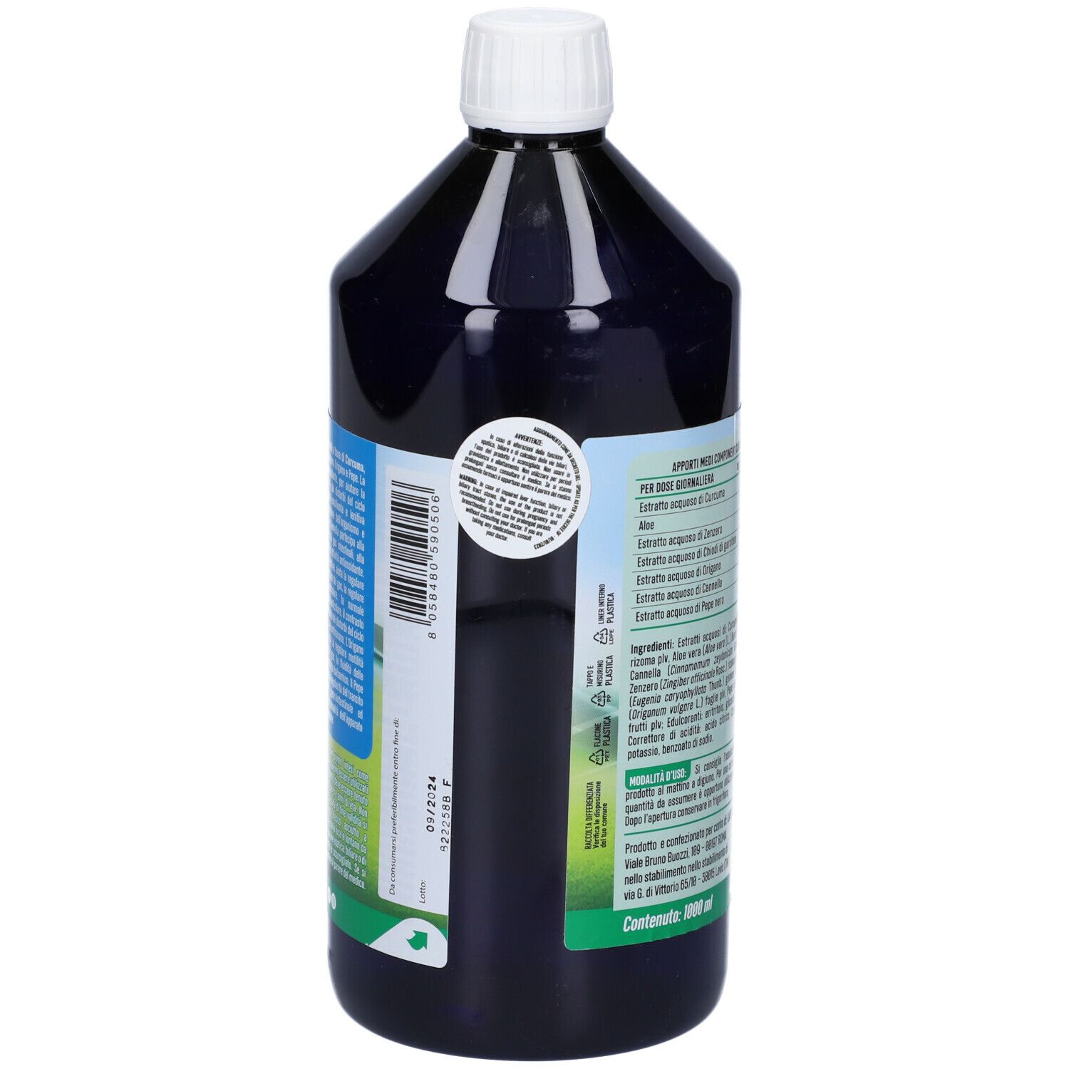 Bottiglia nera con tappo bianco. Retro con informazioni nutrizionali e tabella ingredienti.
