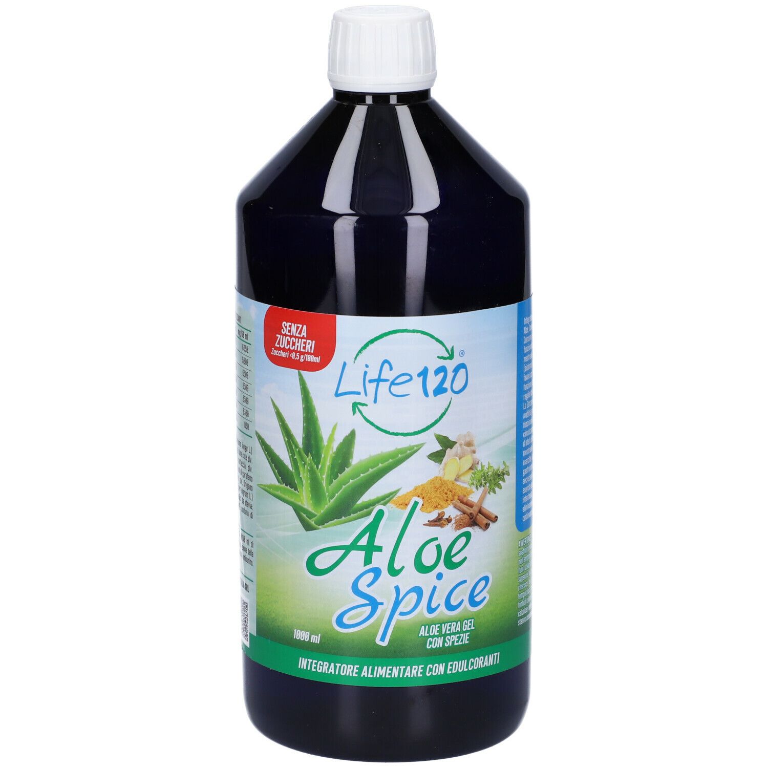 Bottiglia nera con tappo bianco. Scritta Life120 Aloe Spice. Illustrazione di aloe vera e spezie.
