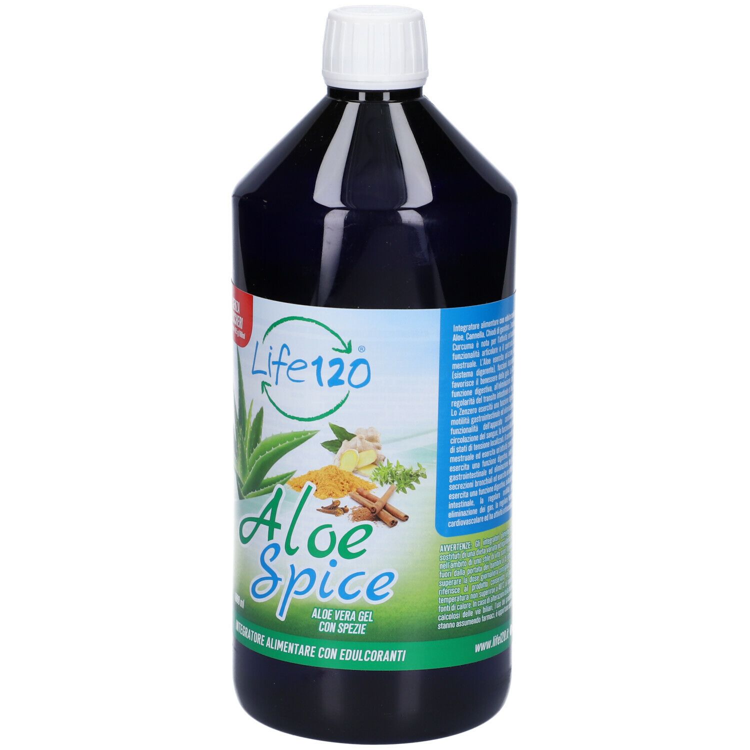 Bottiglia nera con tappo bianco. Scritta Life120 Aloe Spice. Retro con informazioni.