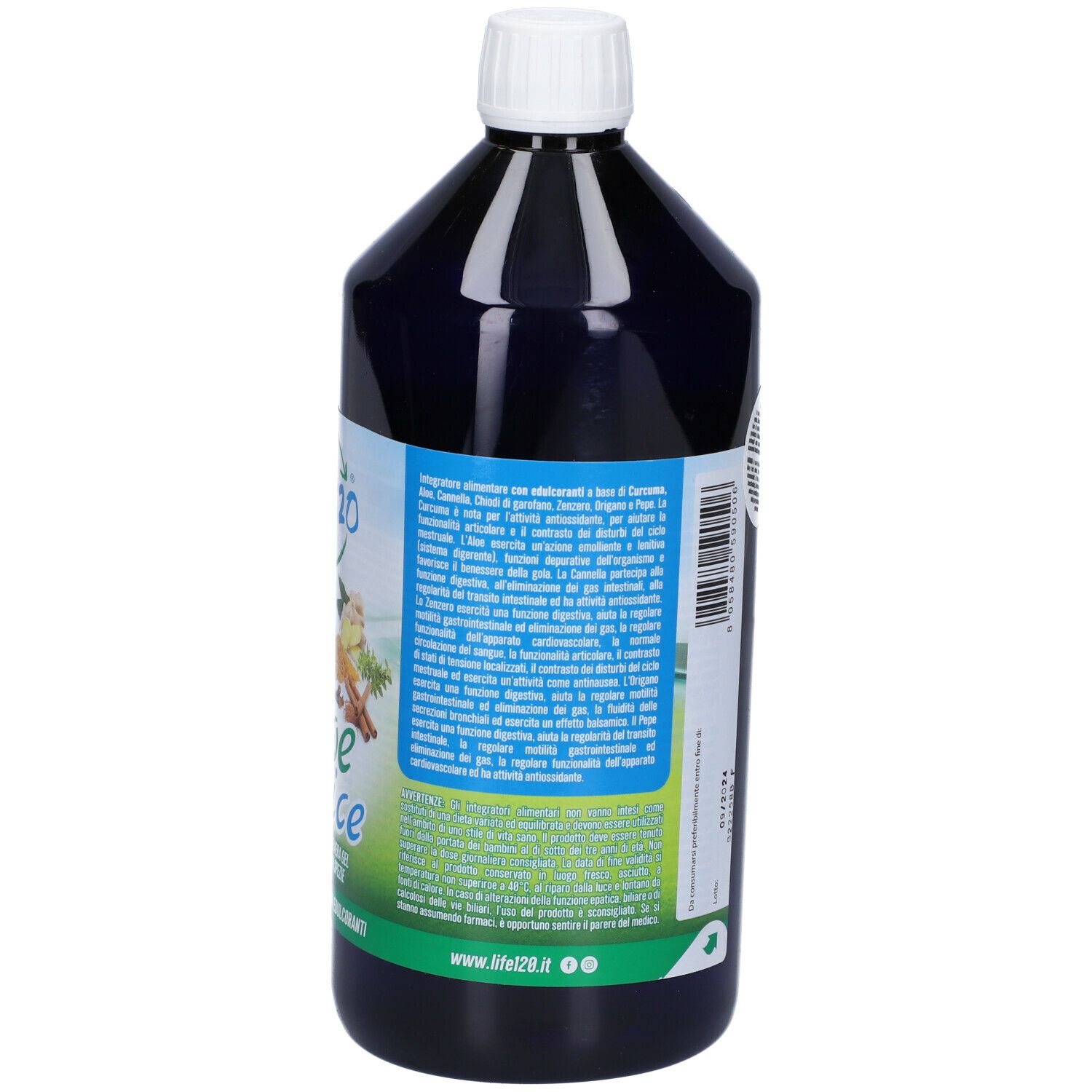 Bottiglia nera con tappo bianco. Retro con informazioni nutrizionali e tabella ingredienti.