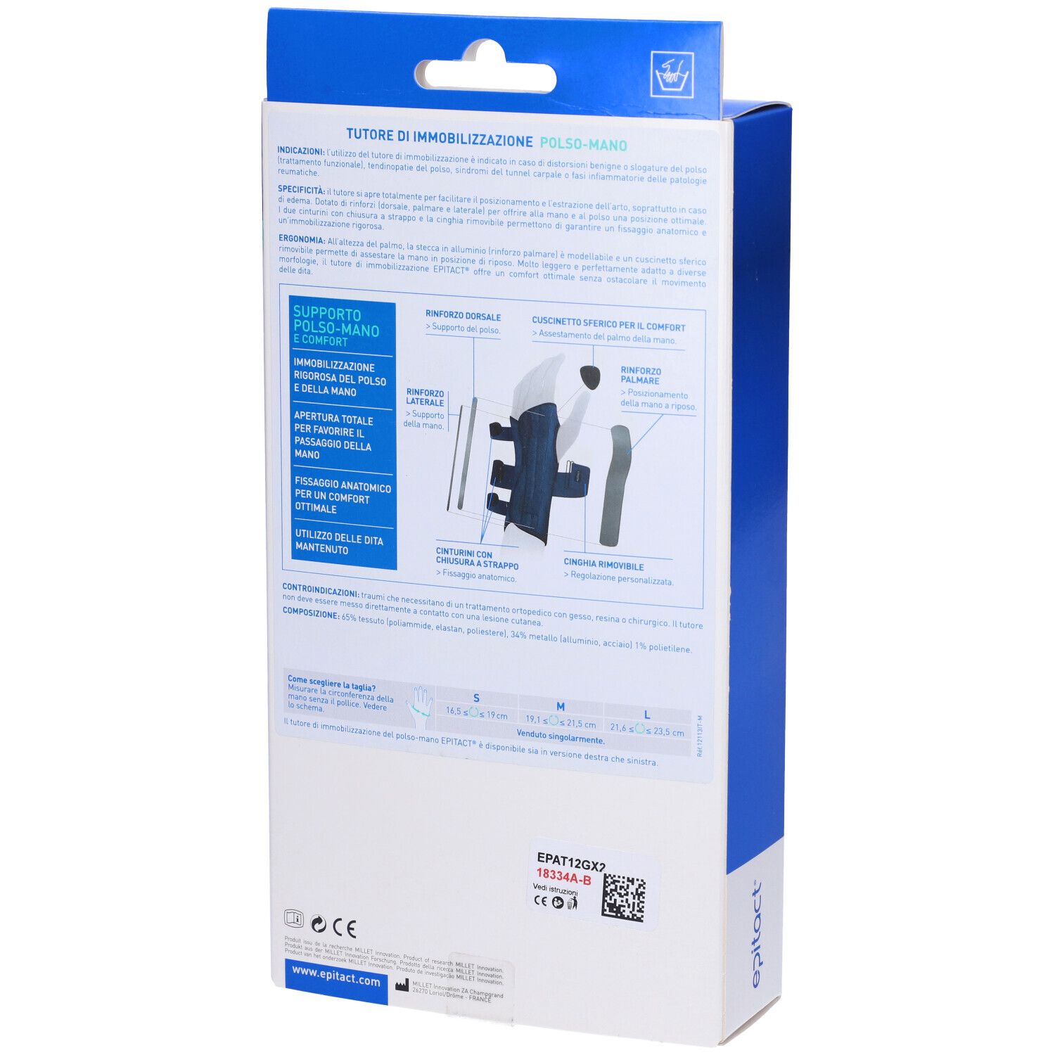 Rückseite der Verpackung mit Handgelenkorthese. Produktinformationen und Abbildungen der Orthese.