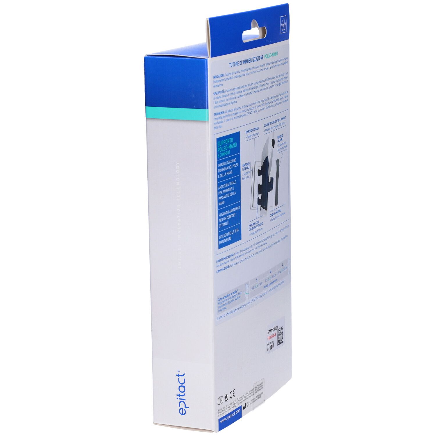 Seitenansicht der Verpackung mit Handgelenkorthese. Produktinformationen und Marke Epitact.