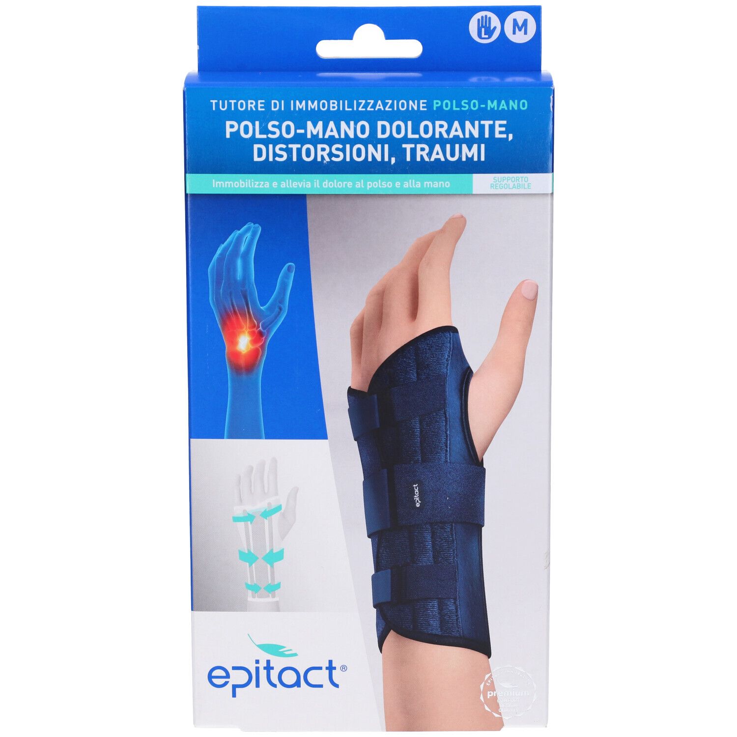 Verpackung mit Handgelenkorthese. Blaue Orthese auf einer Hand abgebildet. Marke Epitact.