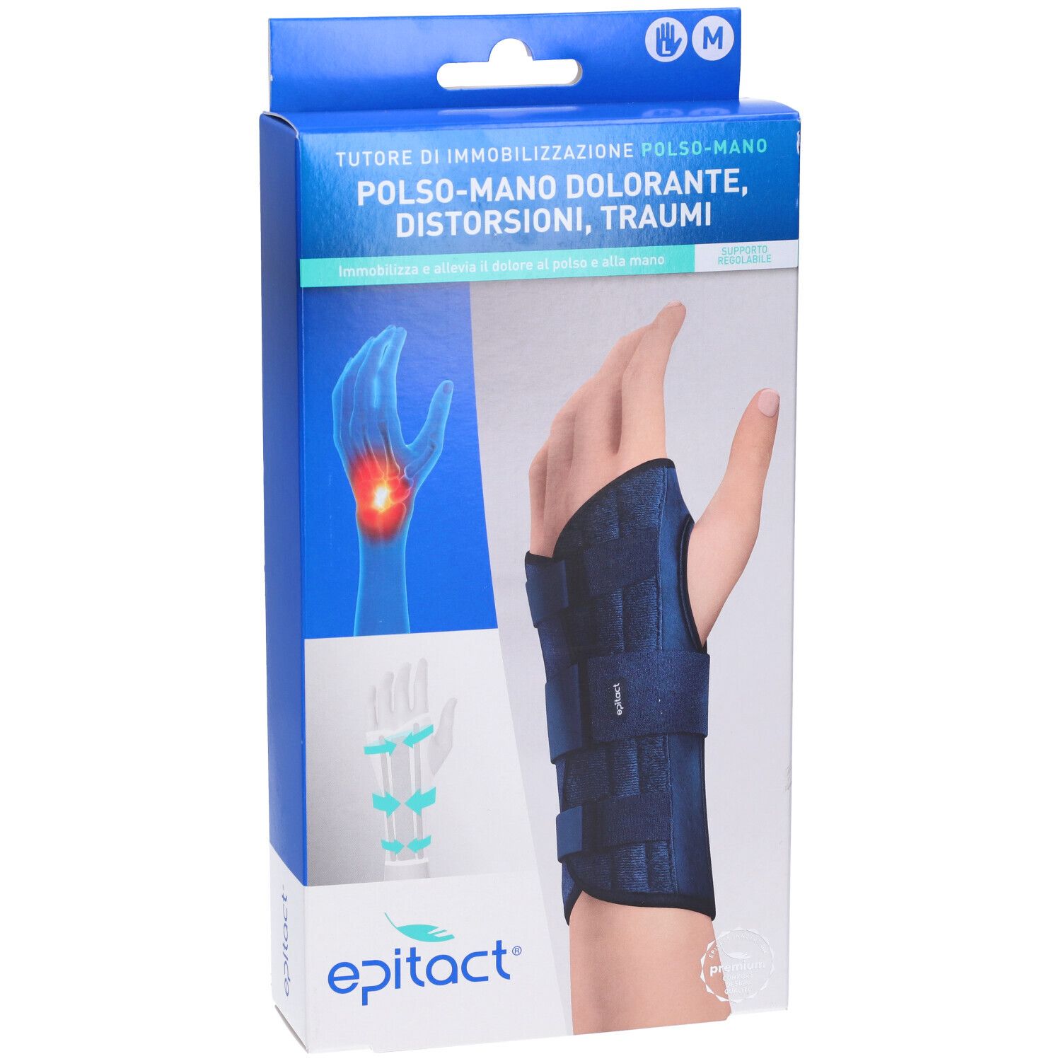 Verpackung mit Handgelenkorthese. Blaue Orthese auf einer Hand abgebildet. Marke Epitact.