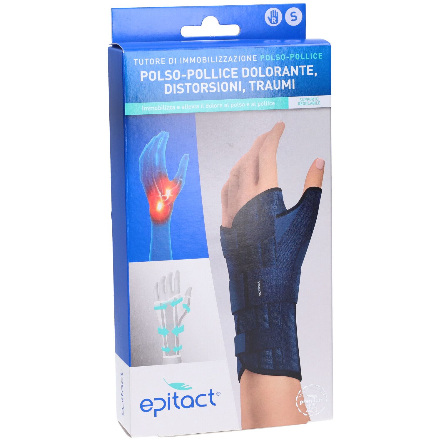 Confezione tutore polso-pollice. Tutore blu su mano illustrata. Marchio: Epitact. Taglia S.