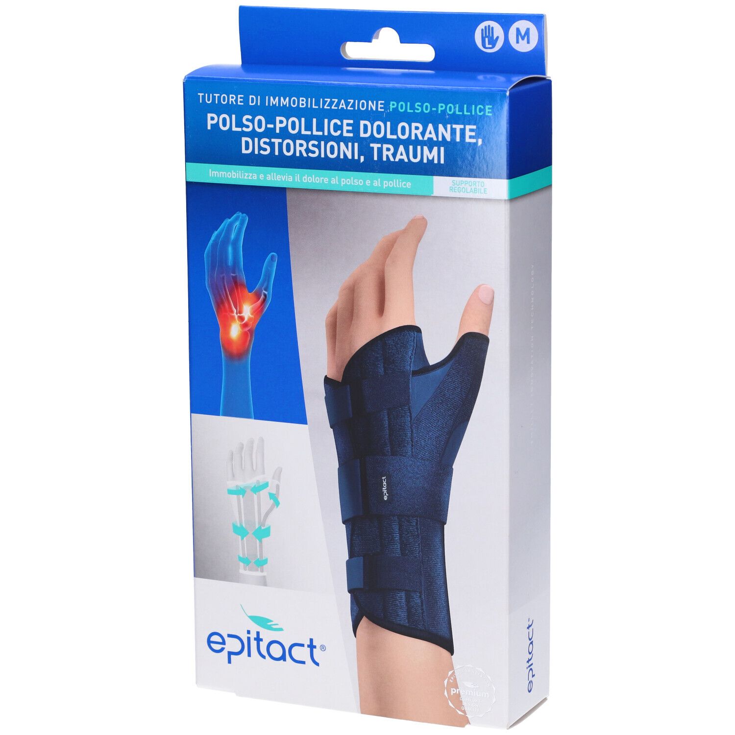 Tutore polso-pollice blu-nero in confezione. Testo: Epitact, Polso-Pollice, M. Illustrazione mano con dolore.