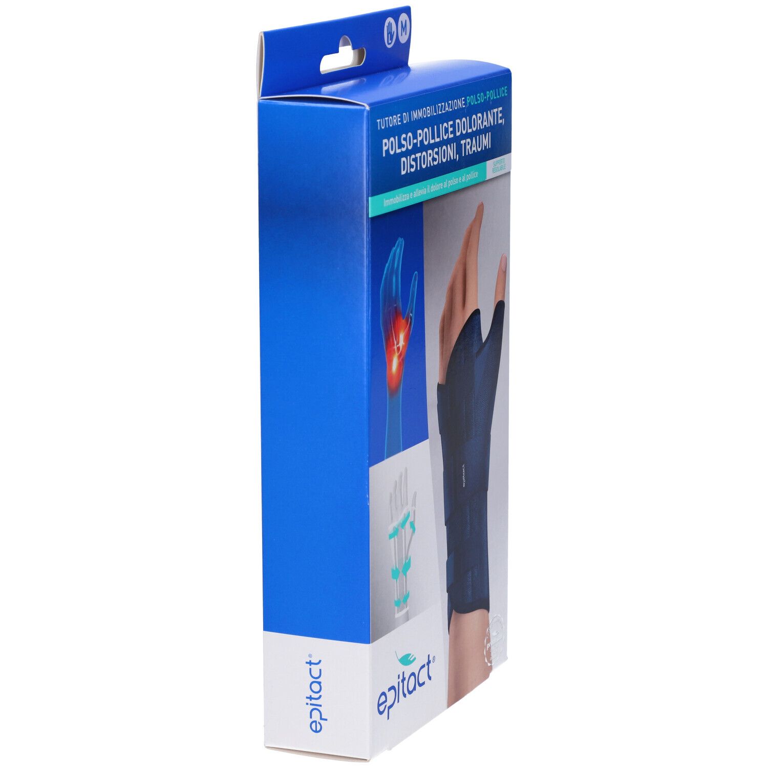 Confezione del tutore. Blu, bianco. Testo: Epitact, Polso-Pollice. Vista laterale con immagine del prodotto.