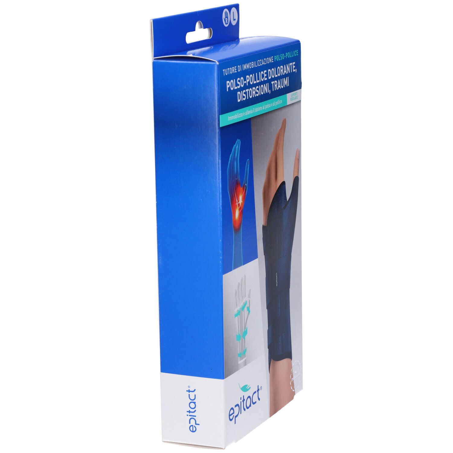 Verpackung der Handgelenk-Daumen-Orthese. Blaue und weiße Box. Marke Epitact. Aufdruck: Polso-Pollice.