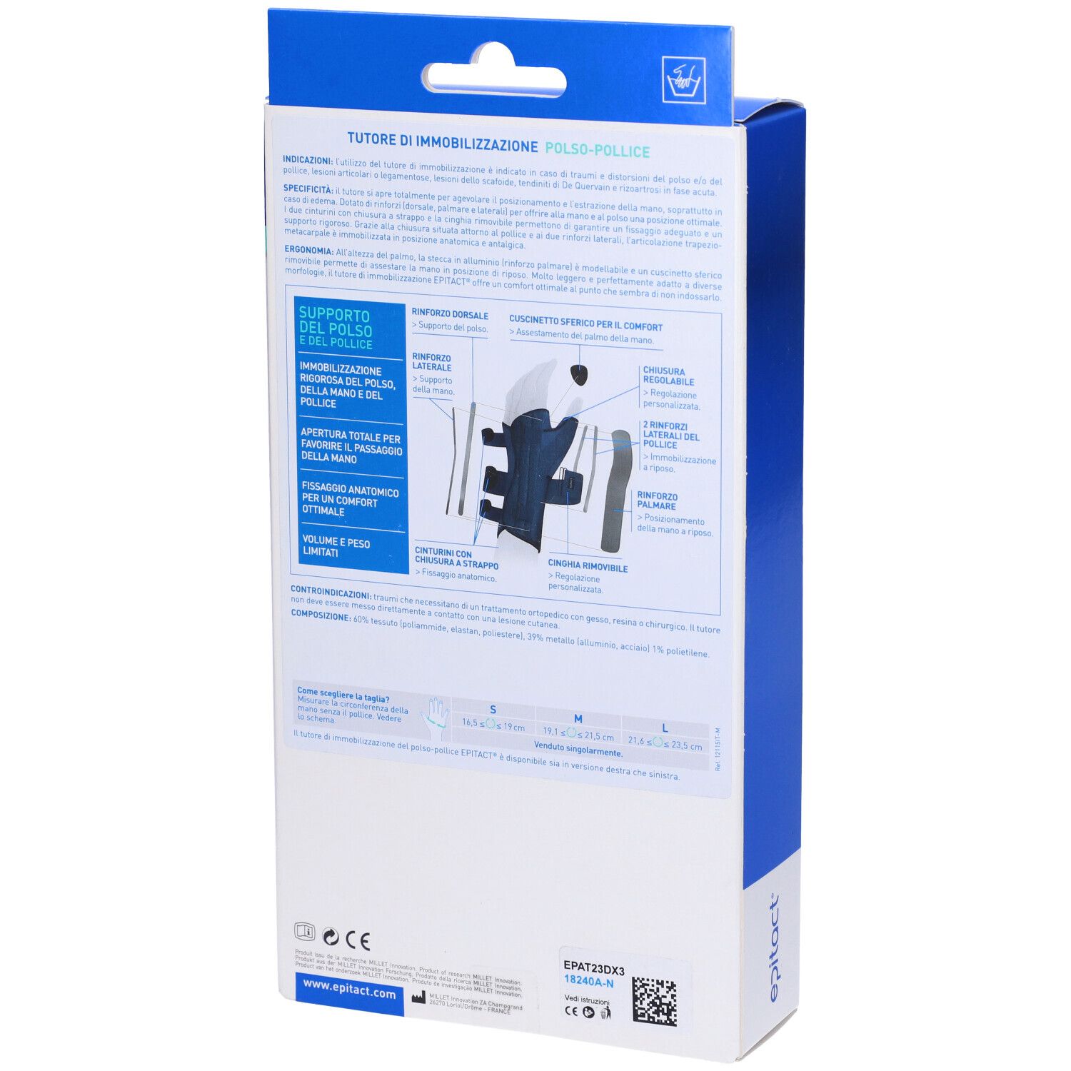 Rückseite der Verpackung der Handgelenk-Daumen-Orthese. Text und Illustrationen. Marke Epitact. Informationen.