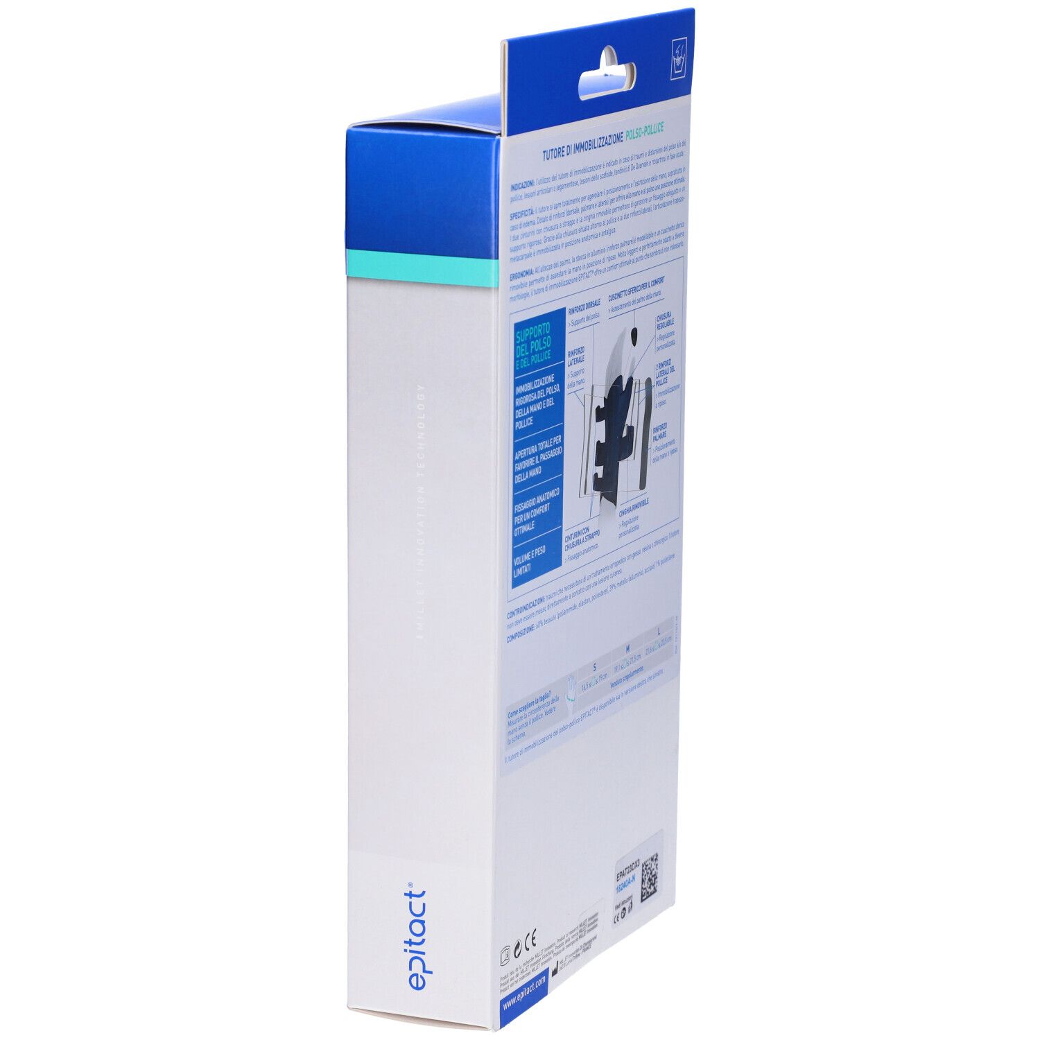 Seitenansicht der Verpackung der Handgelenk-Daumen-Orthese. Blaue und weiße Box. Marke Epitact. Text.