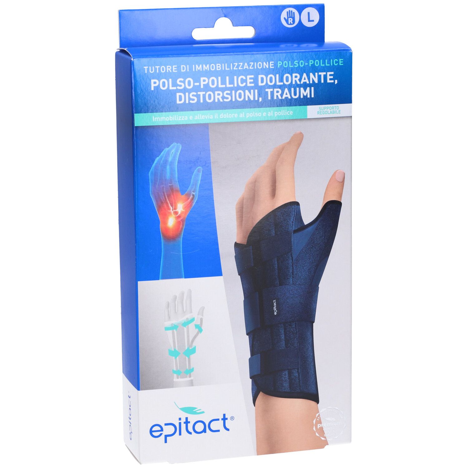 Handgelenk-Daumen-Orthese in Verpackung. Größe L. Marke Epitact. Aufdruck: Polso-Pollice.