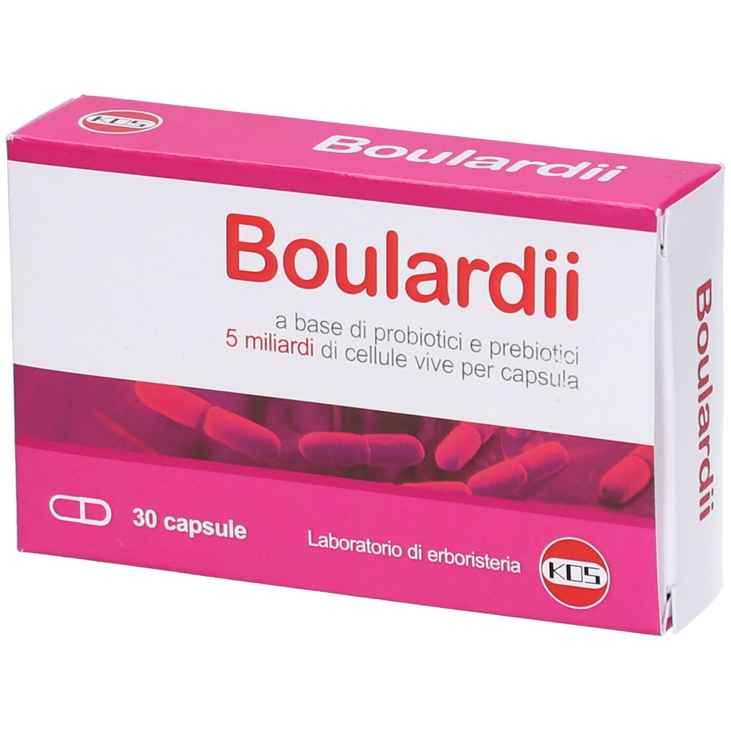 Rosa Schachtel mit roter Aufschrift Boulardii und Kapsel-Abbildung. Enthält 30 Kapseln.