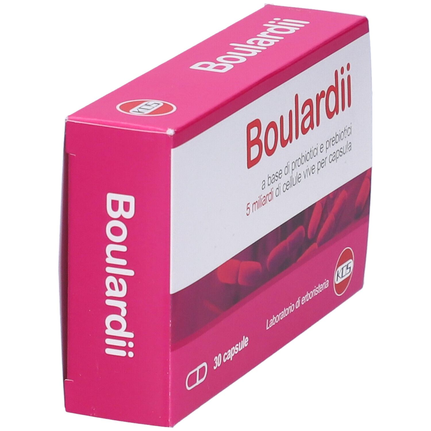 Schräg gestellte rosa Schachtel mit roter Aufschrift Boulardii. Enthält 30 Kapseln.