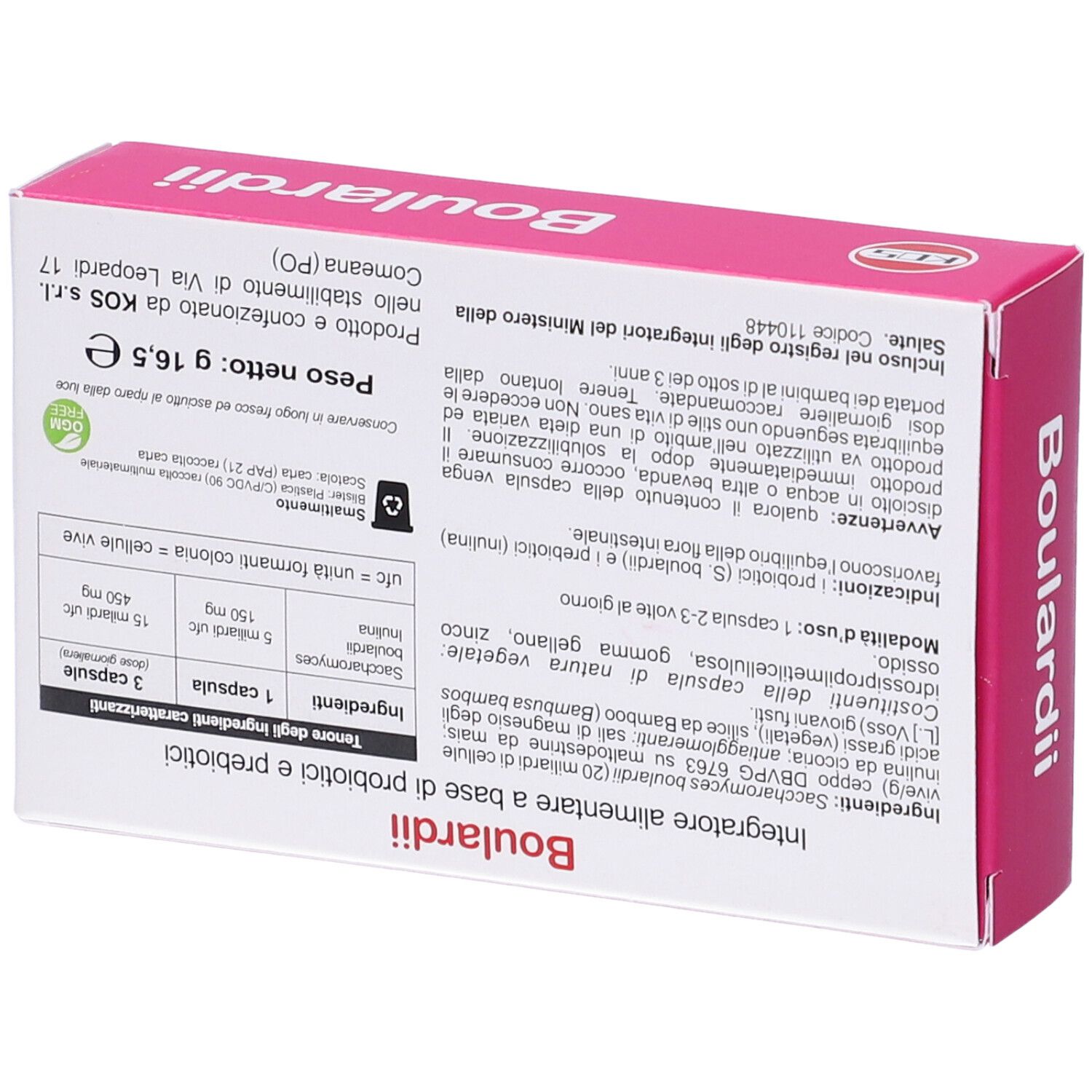 Rückseite der rosa Schachtel mit Inhaltsangaben und Inhaltsstoffen. Enthält 30 Kapseln.
