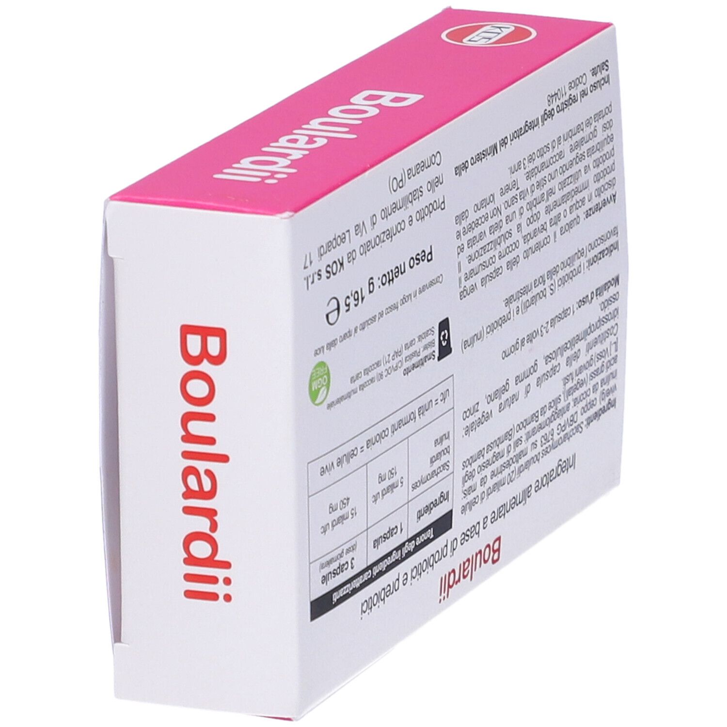 Schräg gestellte rosa Schachtel mit Inhaltsangaben und Inhaltsstoffen. Enthält 30 Kapseln.