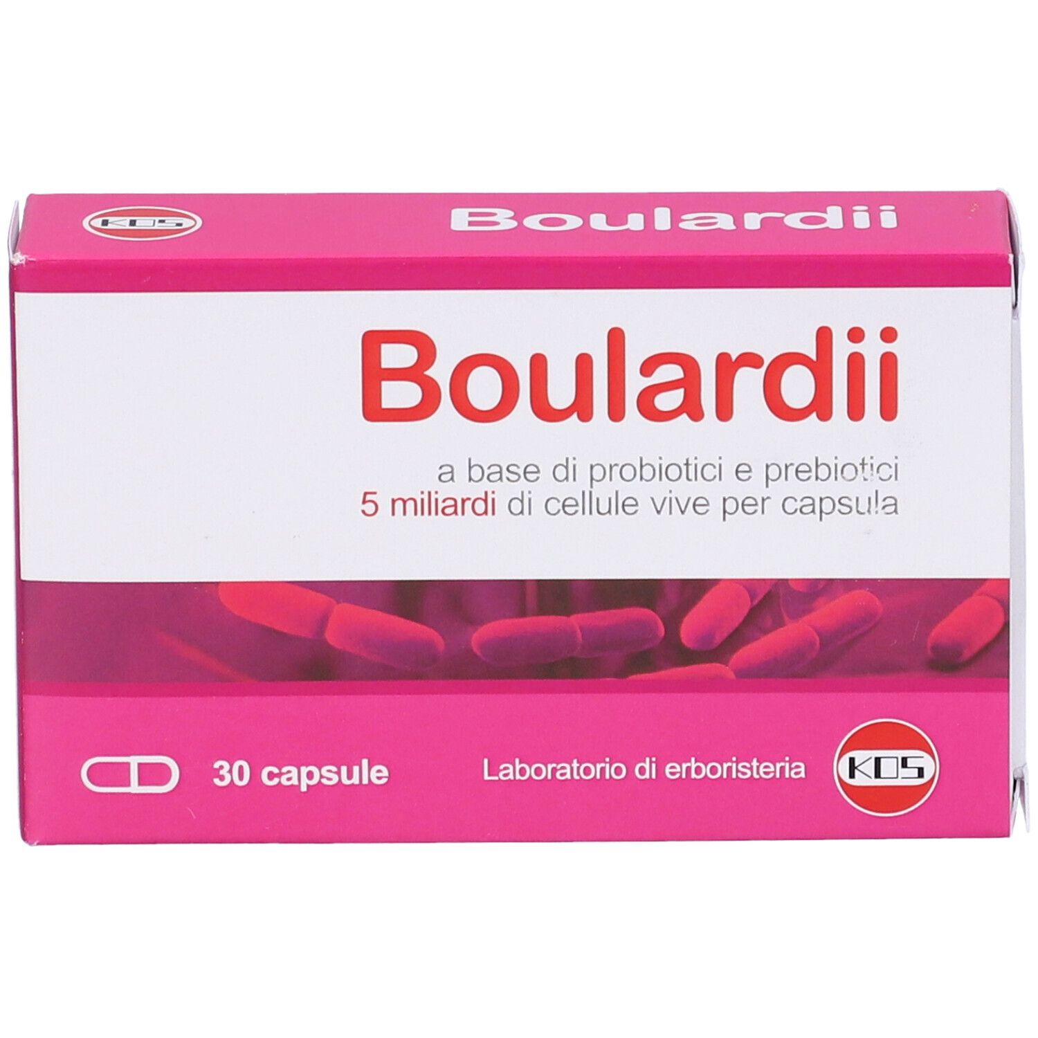 Rosa Schachtel mit roter Aufschrift Boulardii und Kapsel-Abbildung. Enthält 30 Kapseln.