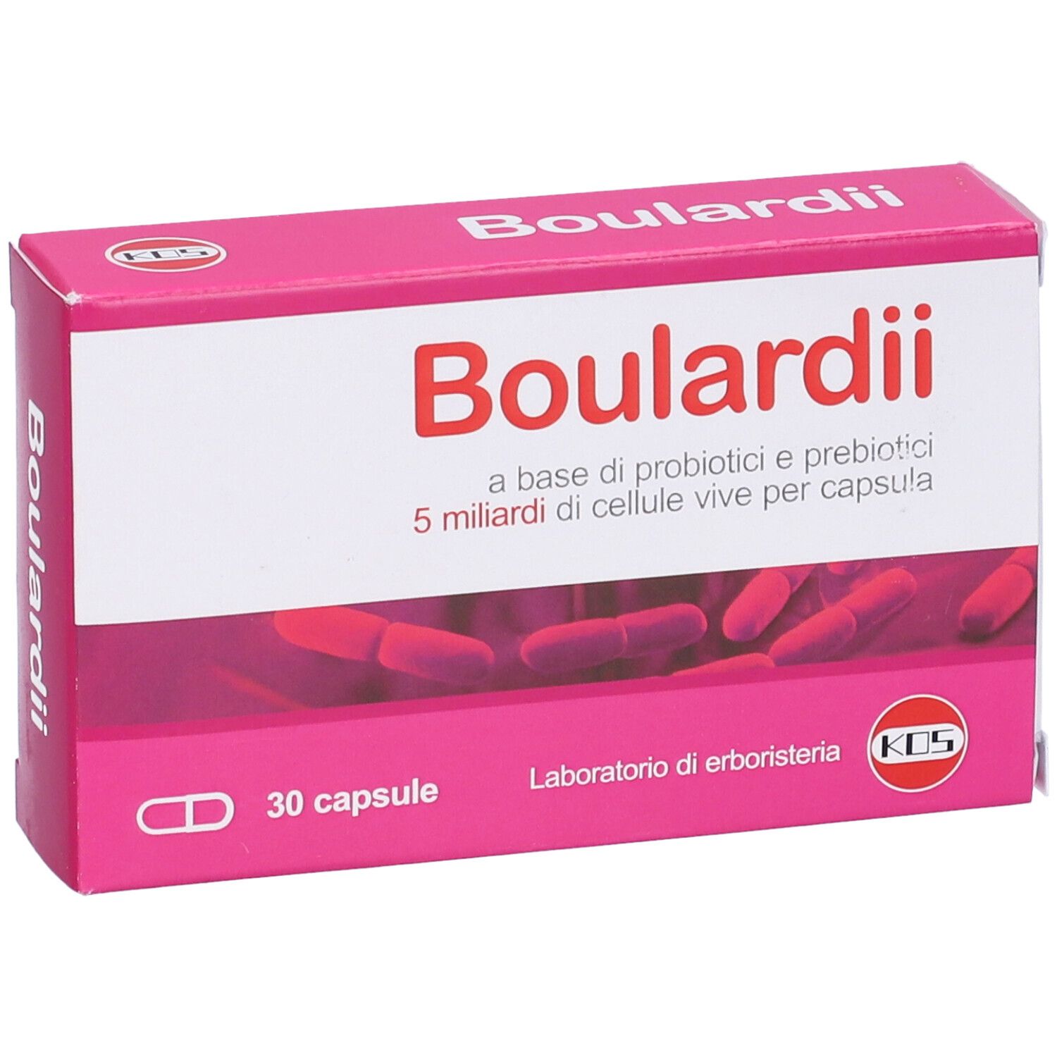 Rosa Schachtel mit roter Aufschrift Boulardii und Kapsel-Abbildung. Enthält 30 Kapseln.