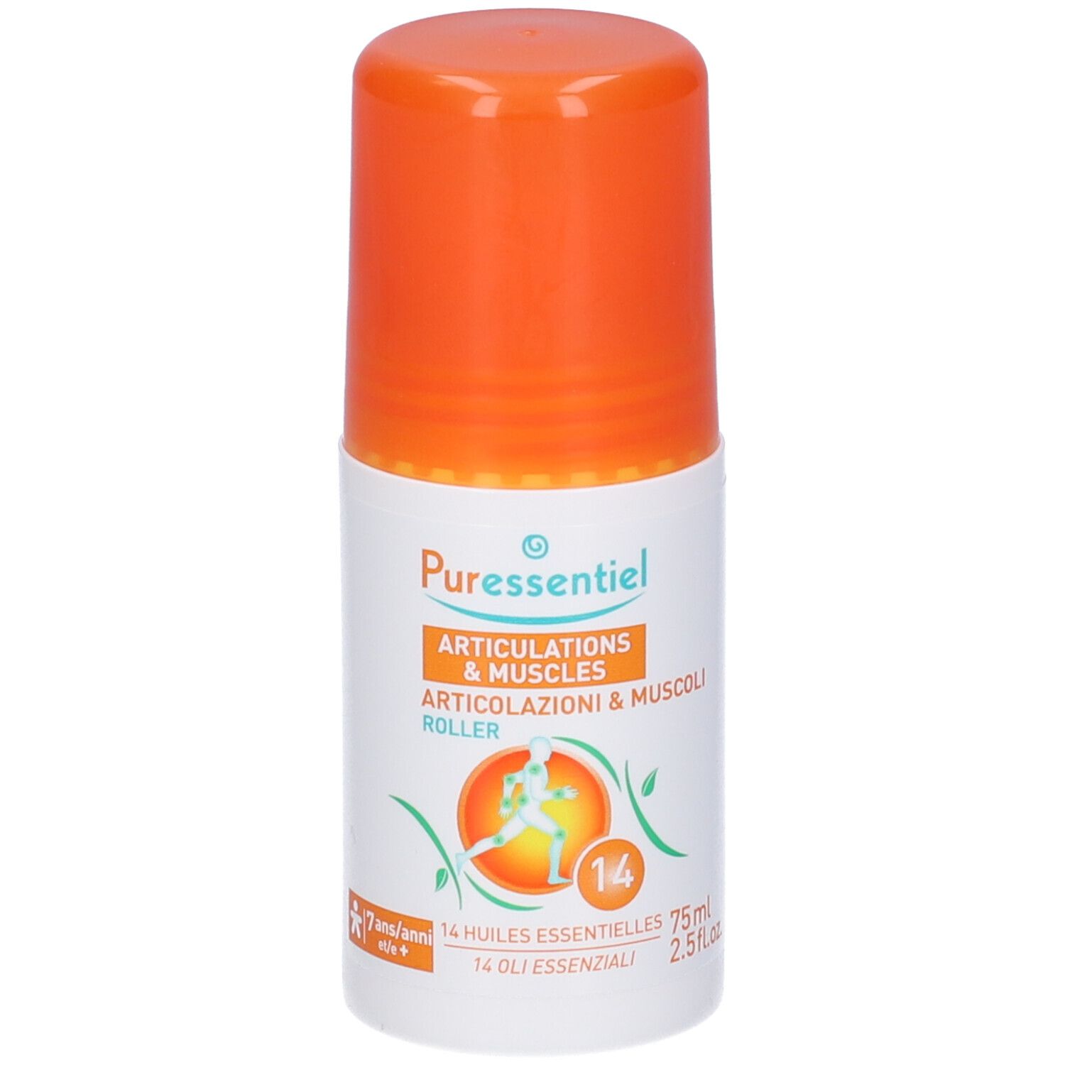 Puressentiel Roller. Flacone arancione e bianco. Testo: Articolazioni & Muscoli Roller, 14 Huiles Essentielles, 75ml. Marchio CE.