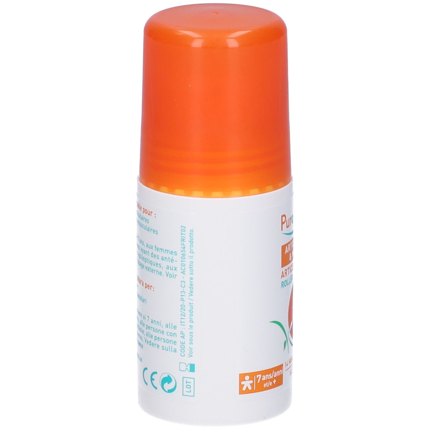 Puressentiel Roller. Flacone bianco con tappo arancione. Testo: Articolazioni & Muscoli Roller. Marchio CE. Avvertenze.