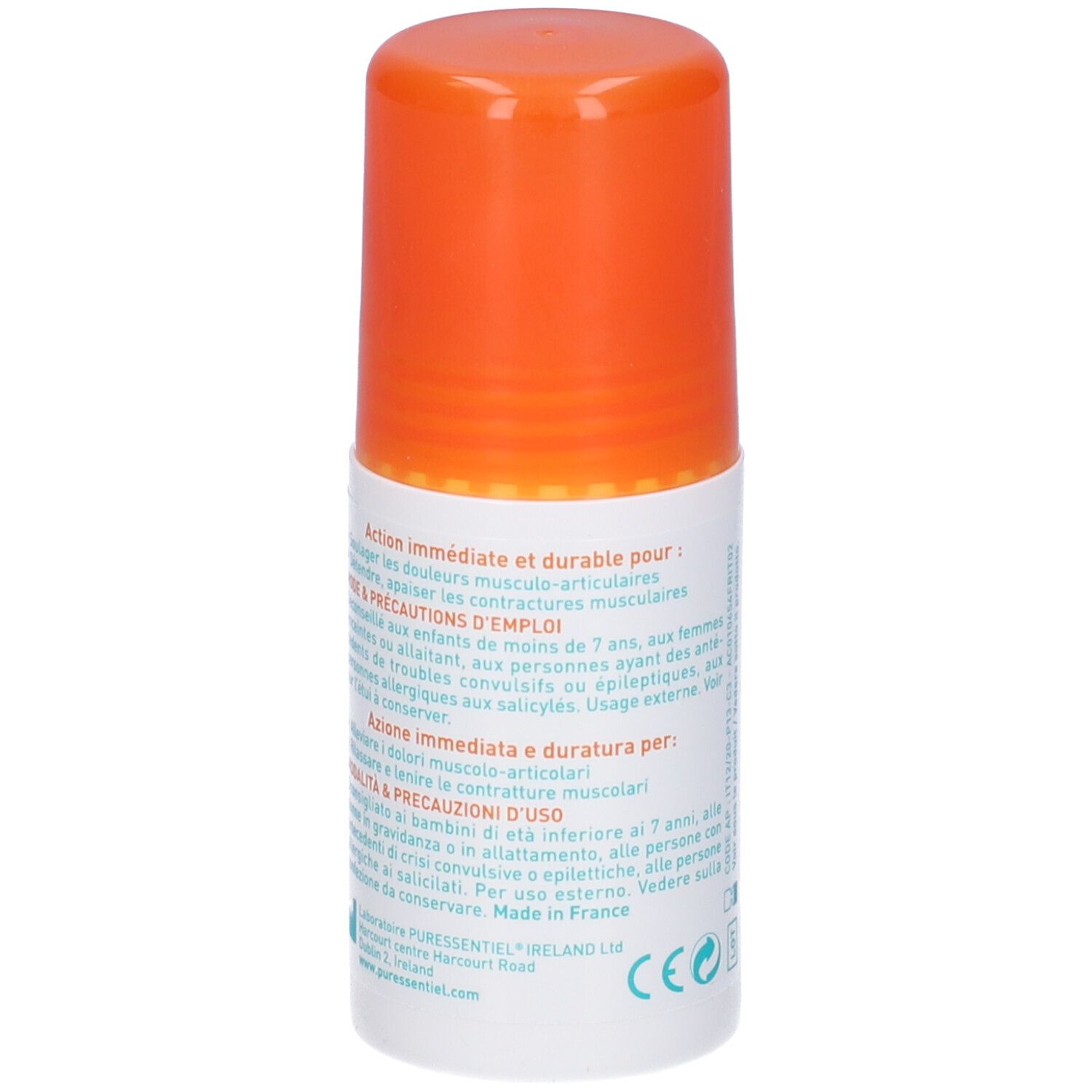 Puressentiel Roller. Flacone bianco con tappo arancione. Testo: Articolazioni & Muscoli Roller. Marchio CE. Avvertenze.