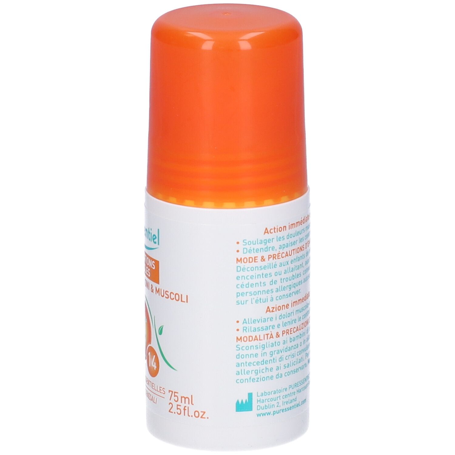 Puressentiel Roller. Flacone bianco con tappo arancione. Testo: Articolazioni & Muscoli Roller, 75ml. Marchio CE.