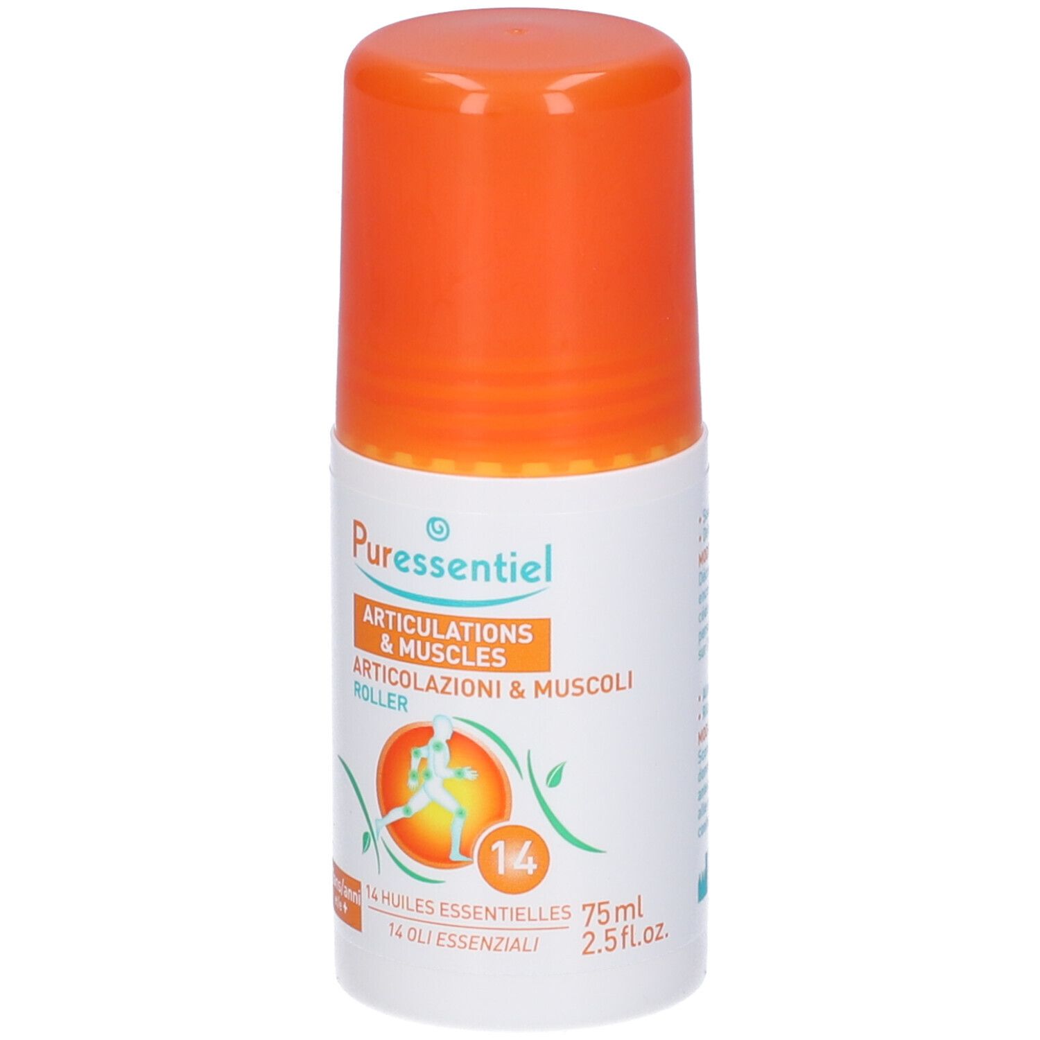 Puressentiel Roller. Flacone bianco con tappo arancione. Testo: Articolazioni & Muscoli Roller, 75ml. Marchio CE.