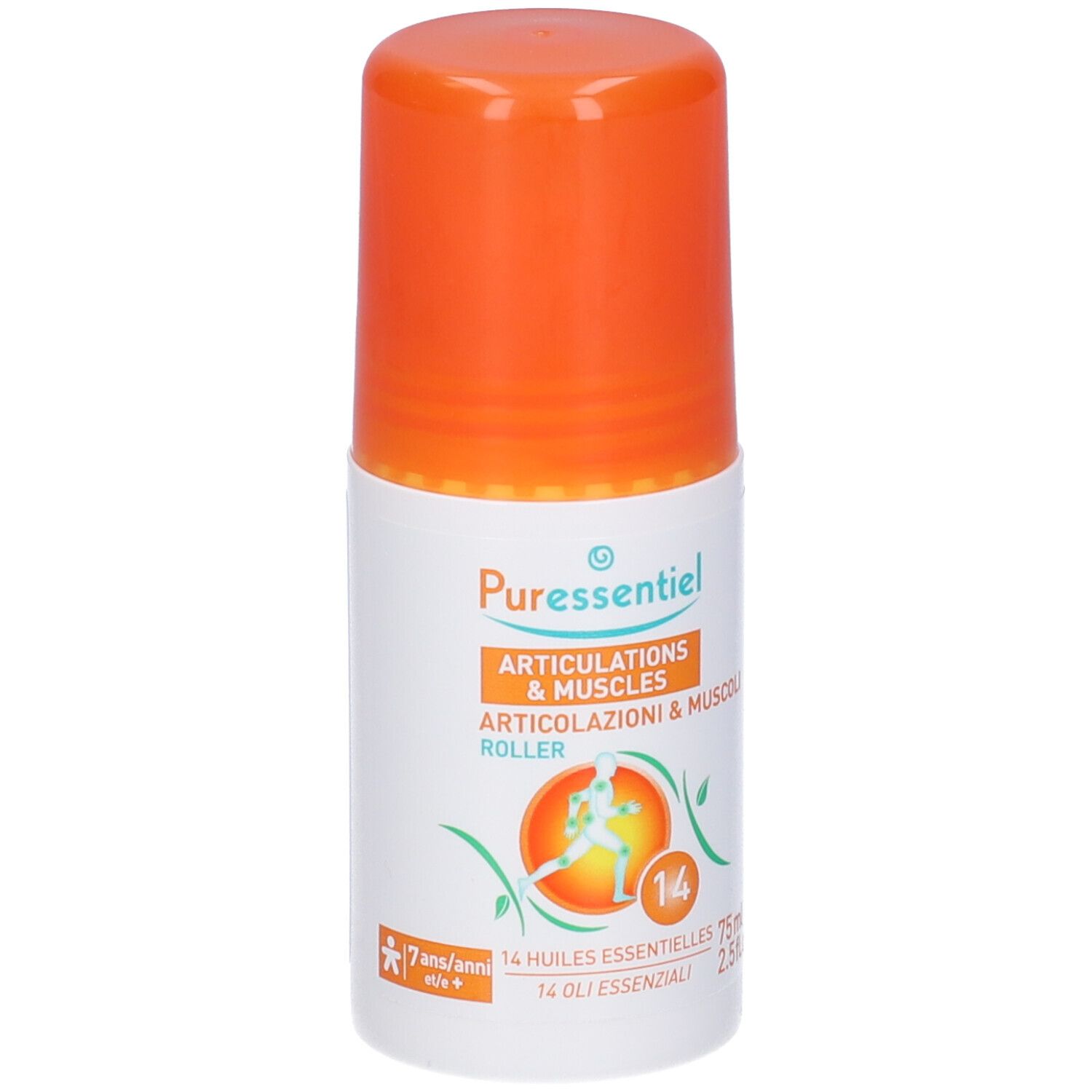 Puressentiel Roller. Flacone bianco con tappo arancione. Testo: Articolazioni & Muscoli Roller, 75ml. Marchio CE.