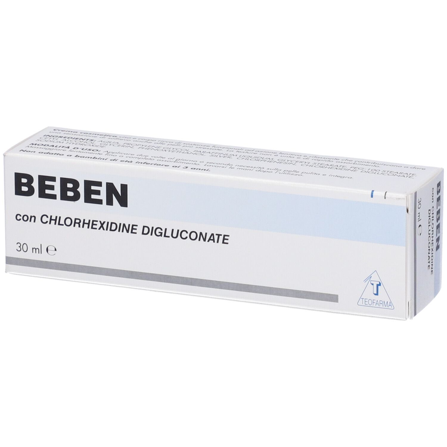 Confezione del prodotto. Bianco con strisce blu. Scritta Beben con Clorexidina Digluconato. 30 ml.