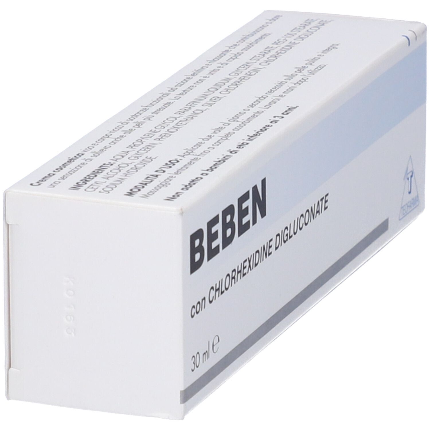 Confezione del prodotto. Bianco con strisce blu. Scritta Beben con Clorexidina Digluconato. 30 ml.