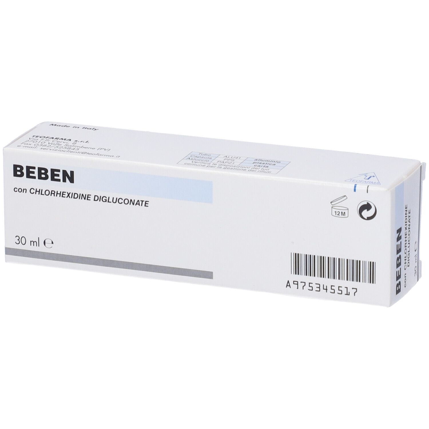 Confezione del prodotto. Bianco con strisce blu. Scritta Beben con Clorexidina Digluconato. 30 ml.