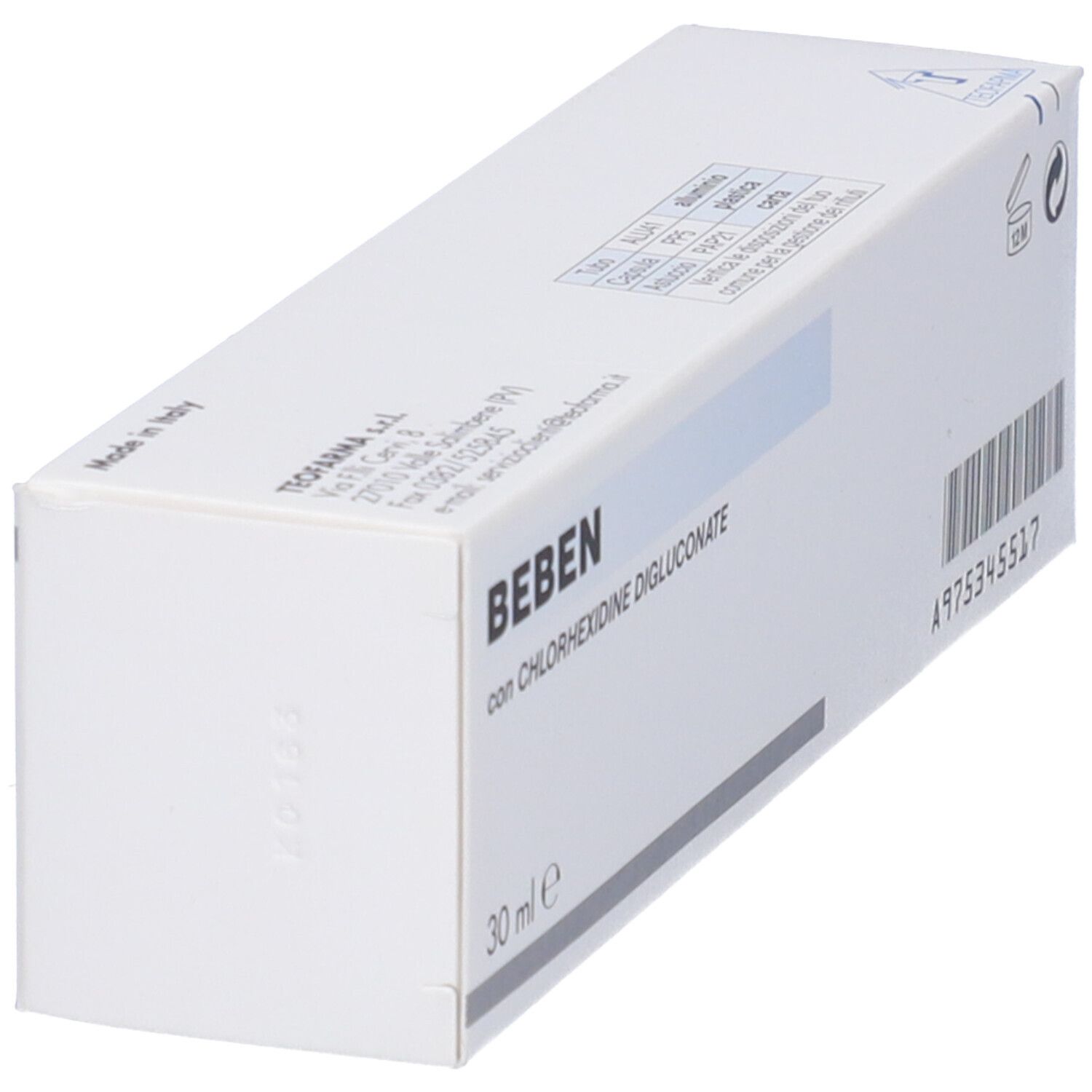 Confezione del prodotto. Bianco con strisce blu. Scritta Beben con Clorexidina Digluconato. 30 ml.