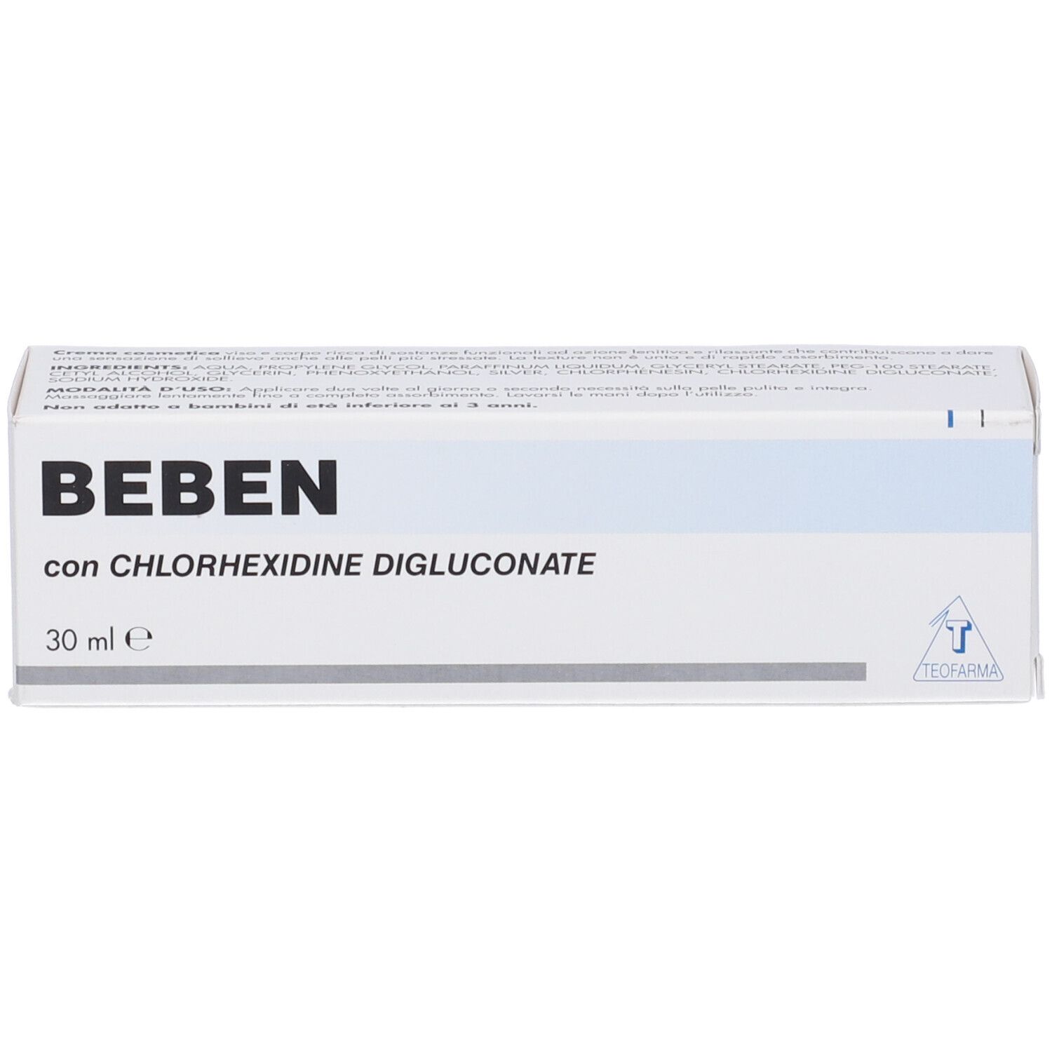 Confezione del prodotto. Bianco con strisce blu. Scritta Beben con Clorexidina Digluconato. 30 ml.