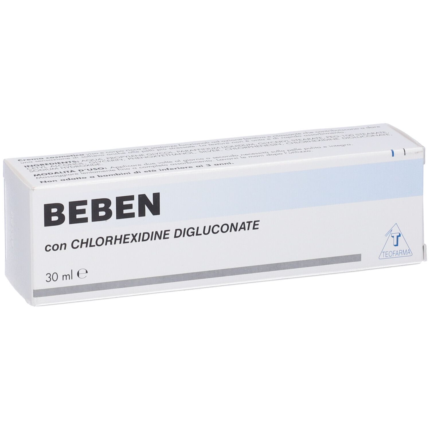 Confezione del prodotto. Bianco con strisce blu. Scritta Beben con Clorexidina Digluconato. 30 ml.