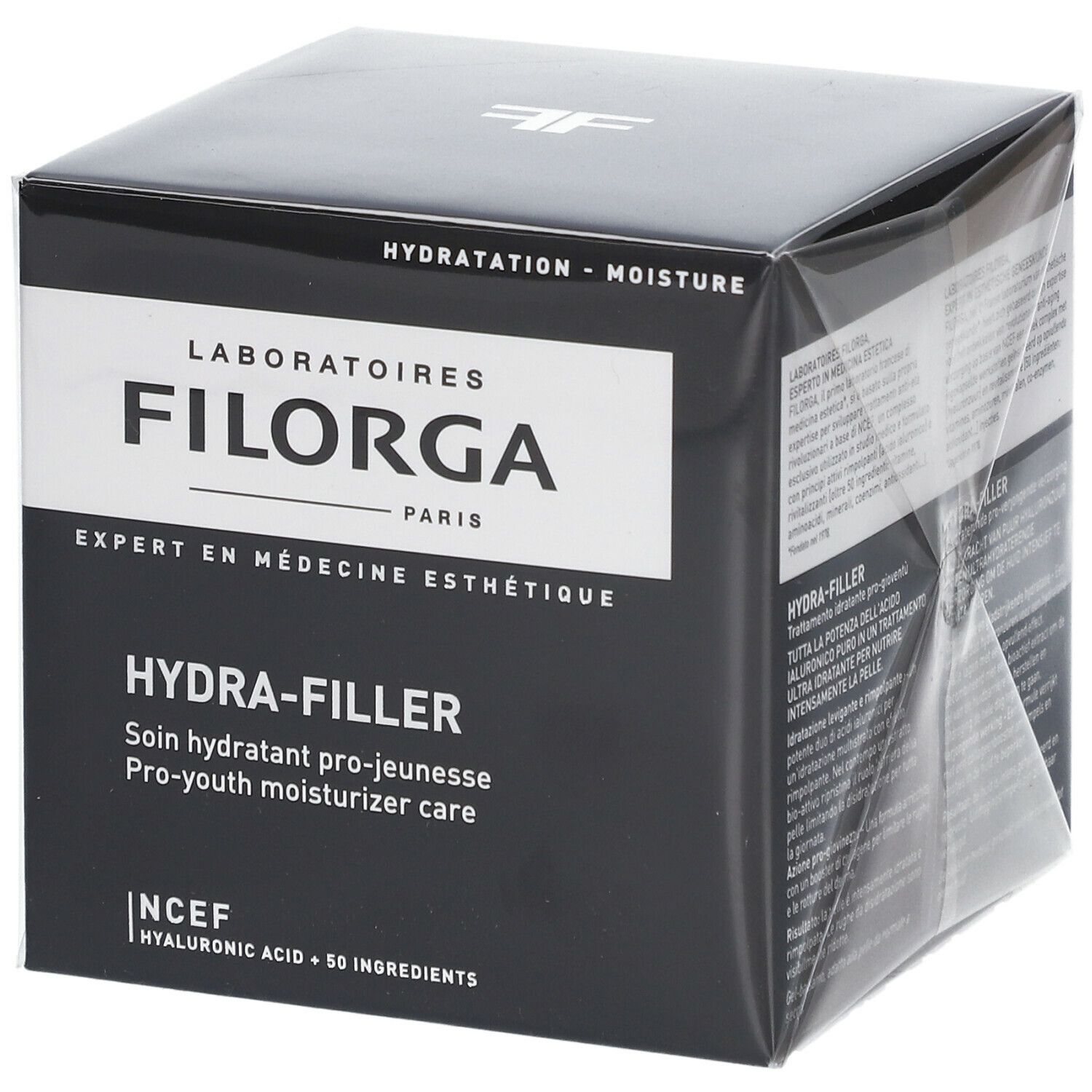 Schwarzer Karton mit weißem Etikett. Aufschrift FILORGA HYDRA-FILLER. Französische Produktbezeichnung und englische Übersetzung.