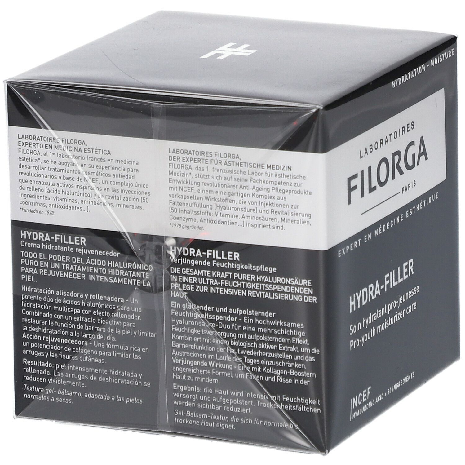 Schwarzer Karton mit weißem Etikett. Aufschrift FILORGA HYDRA-FILLER. Text in mehreren Sprachen. Produktinformationen.