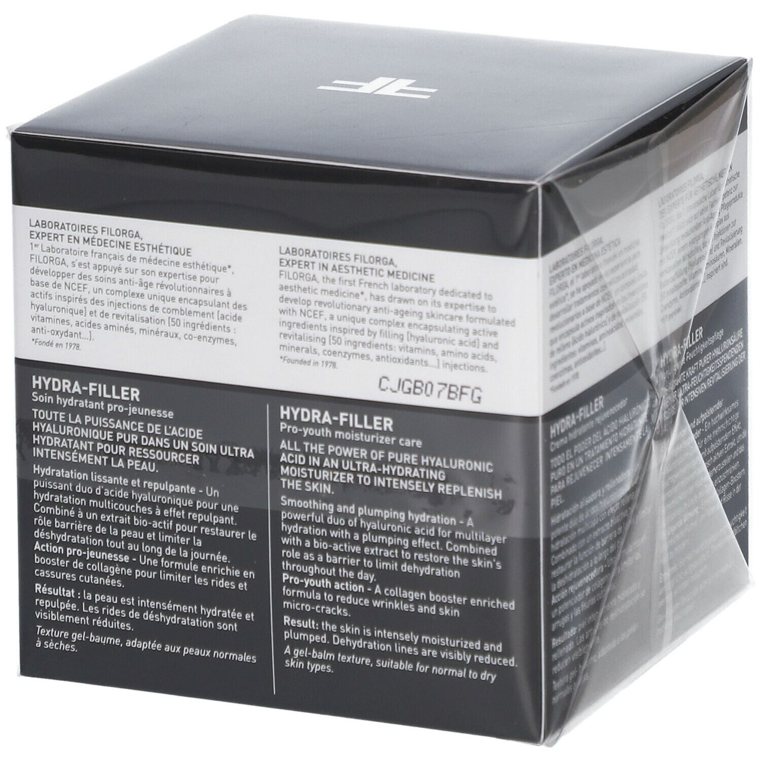 Schwarzer Karton mit weißem Etikett. Aufschrift FILORGA HYDRA-FILLER. Text in mehreren Sprachen. Produktinformationen.