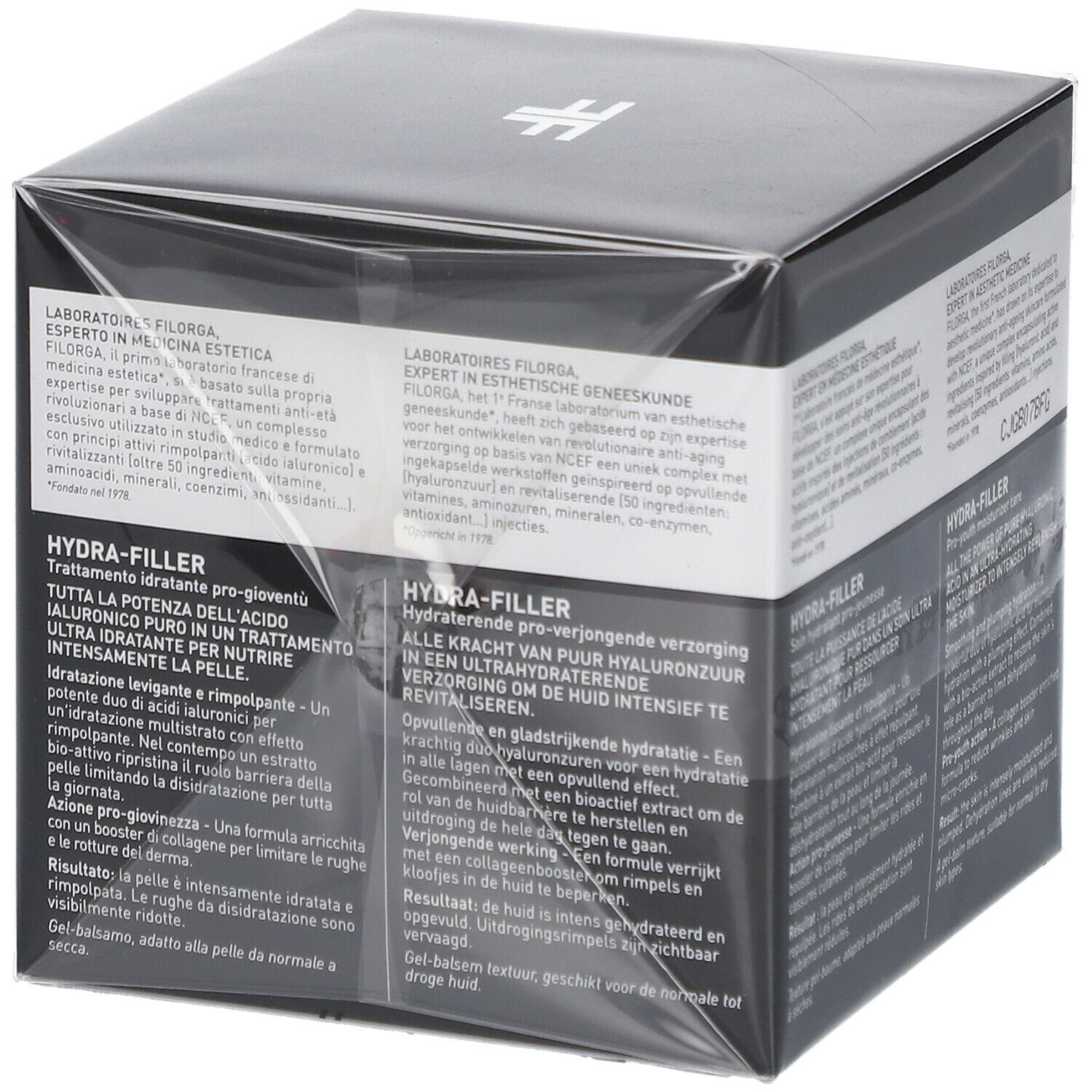 Schwarzer Karton mit weißem Etikett. Aufschrift FILORGA HYDRA-FILLER. Text in mehreren Sprachen. Produktinformationen.
