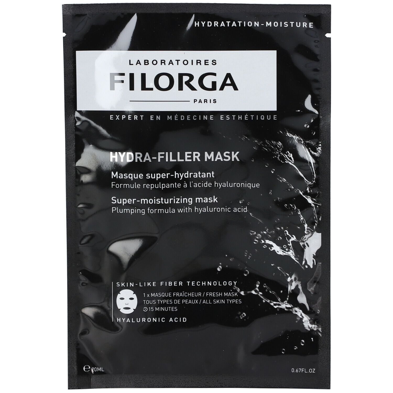 Schwarze Verpackung mit Text: FILORGA HYDRA-FILLER MASK. Weiße Schrift auf schwarzem Hintergrund. Produktname und Marke sichtbar.