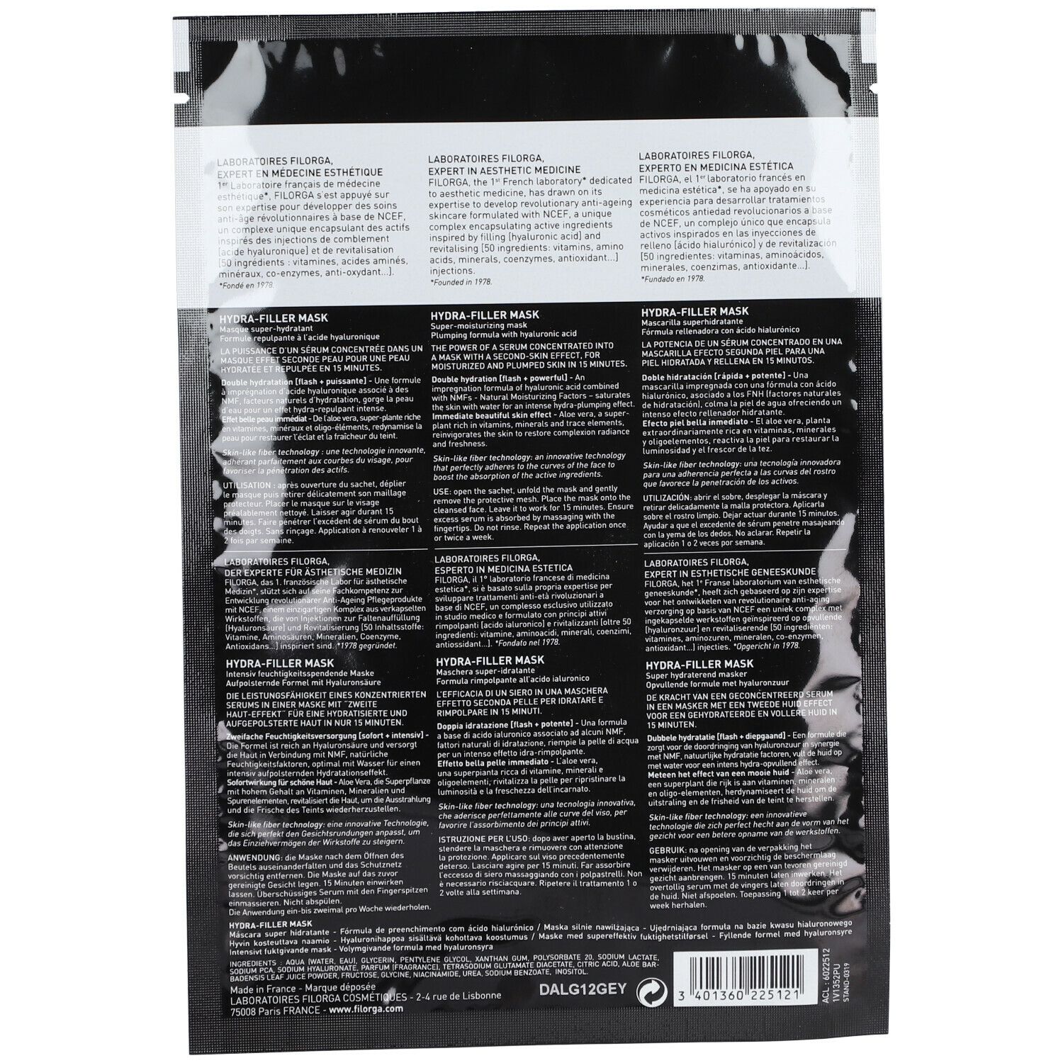 Rückseite der schwarzen Verpackung. Text in mehreren Sprachen. Produktname: HYDRA-FILLER MASK. Marke FILORGA sichtbar.