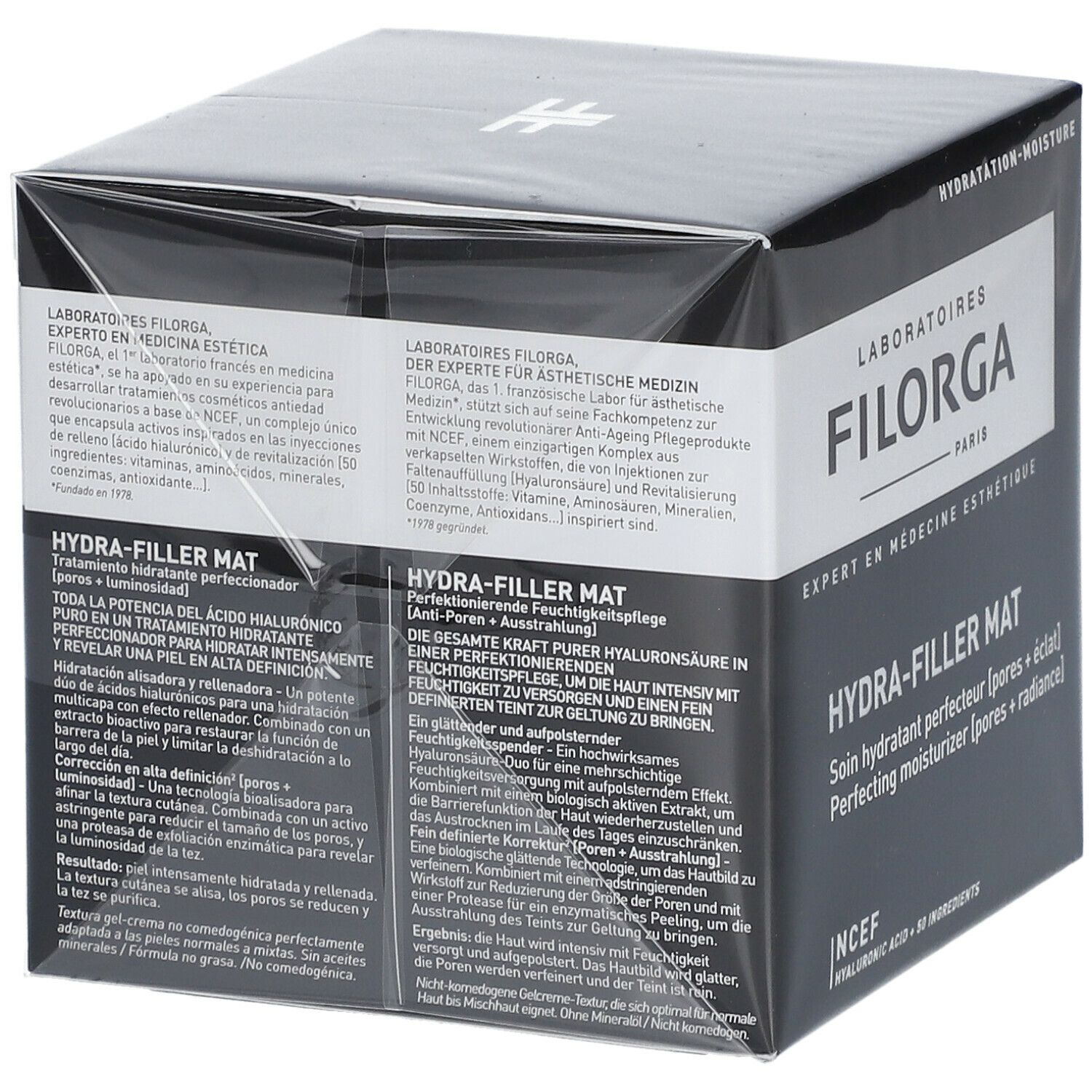 Scatola nera con scritta FILORGA, HYDRA-FILLER MAT. Testi in tedesco, francese, inglese. Logo NCEF.