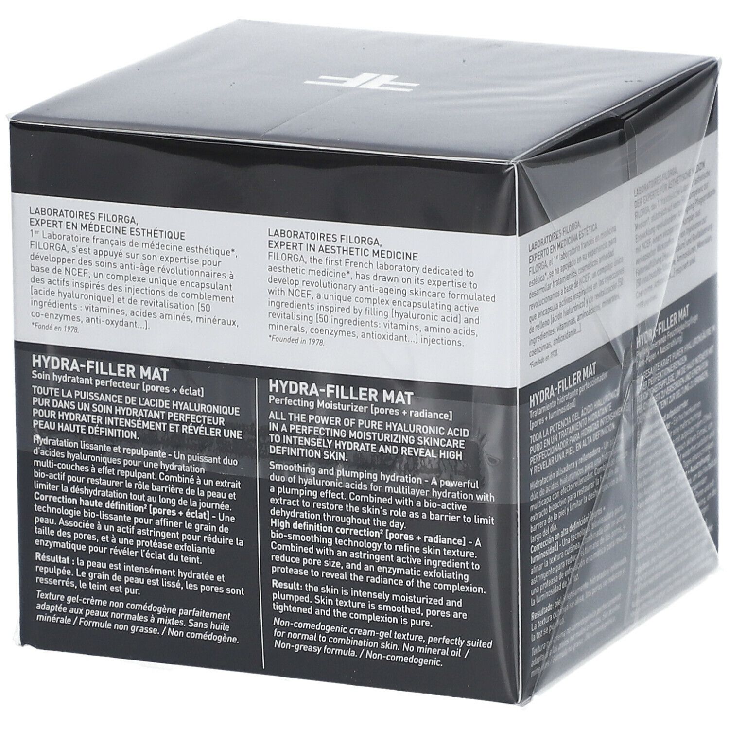 Scatola nera con scritta FILORGA, HYDRA-FILLER MAT. Testi in tedesco, francese, inglese. Logo NCEF.