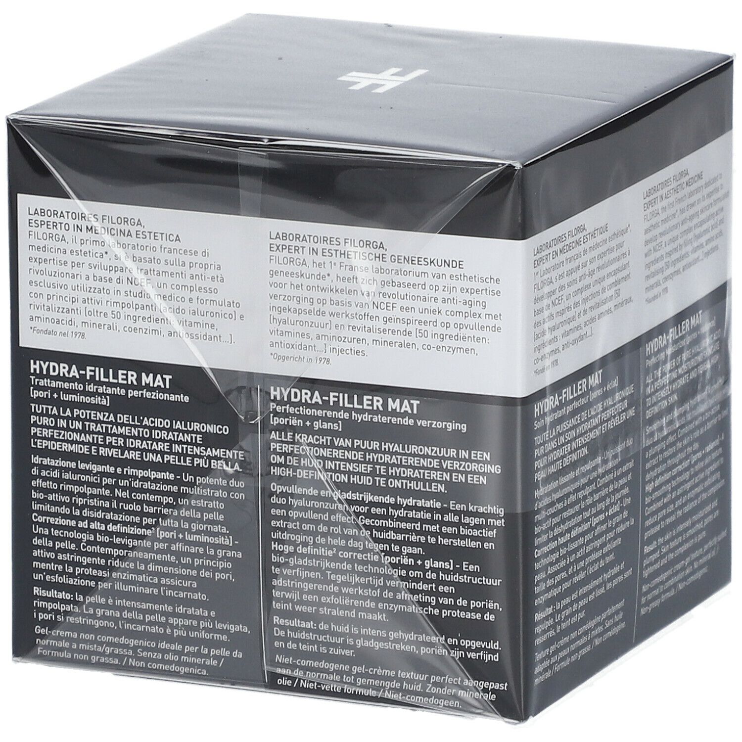 Scatola nera con scritta FILORGA, HYDRA-FILLER MAT. Testi in tedesco, francese, inglese. Logo NCEF.