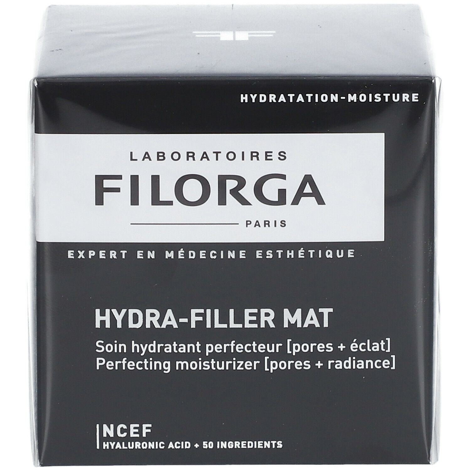 Scatola nera con scritta FILORGA, HYDRA-FILLER MAT. Testo in francese e inglese. Logo NCEF.