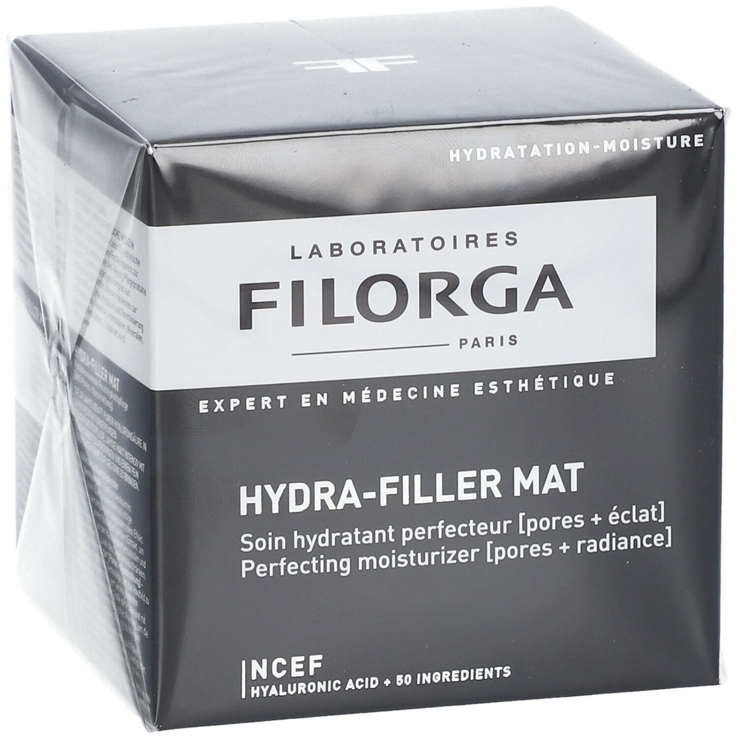 Scatola nera con scritta FILORGA, HYDRA-FILLER MAT. Testo in francese e inglese. Logo NCEF.