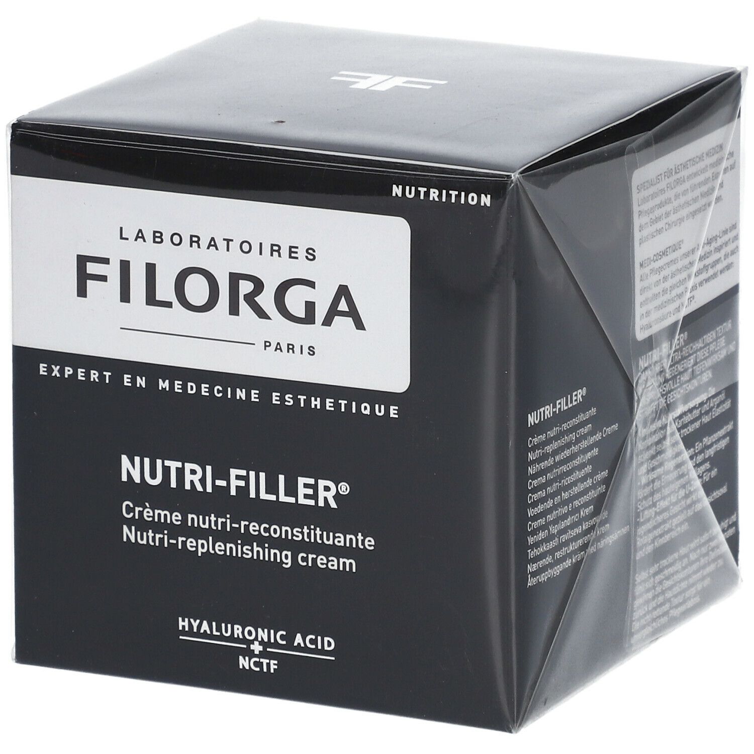 Scatola nera con logo FILORGA e scritta NUTRI-FILLER. Nome del prodotto e ingredienti stampati.