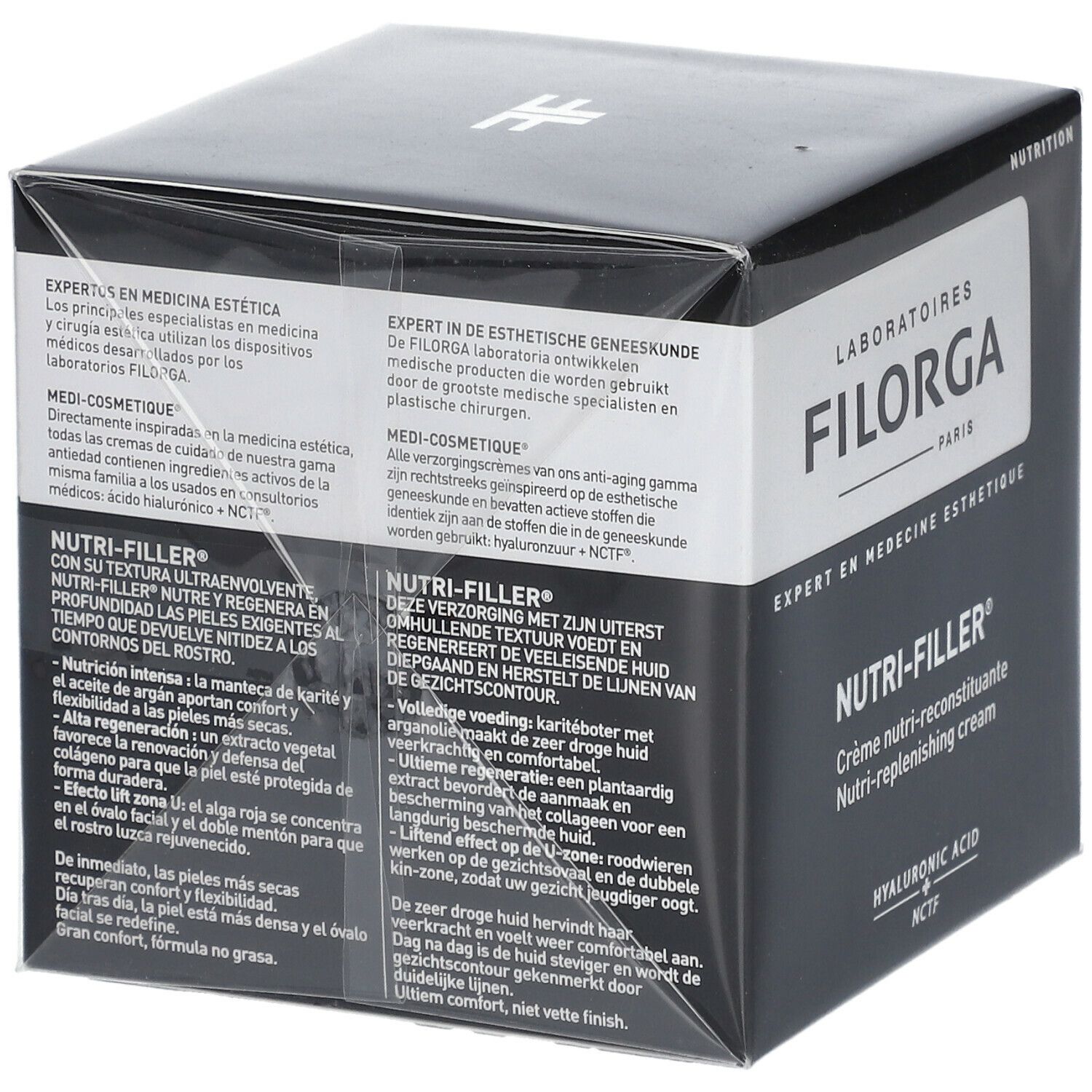 Scatola nera con logo FILORGA e scritta NUTRI-FILLER. Informazioni multilingue sul prodotto stampate.