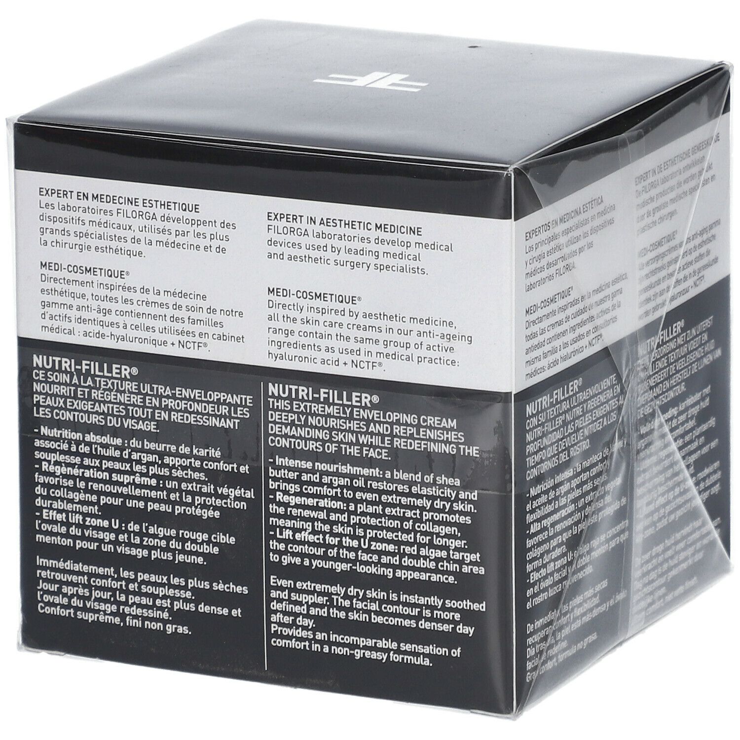 Scatola nera con logo FILORGA e scritta NUTRI-FILLER. Informazioni multilingue sul prodotto stampate.