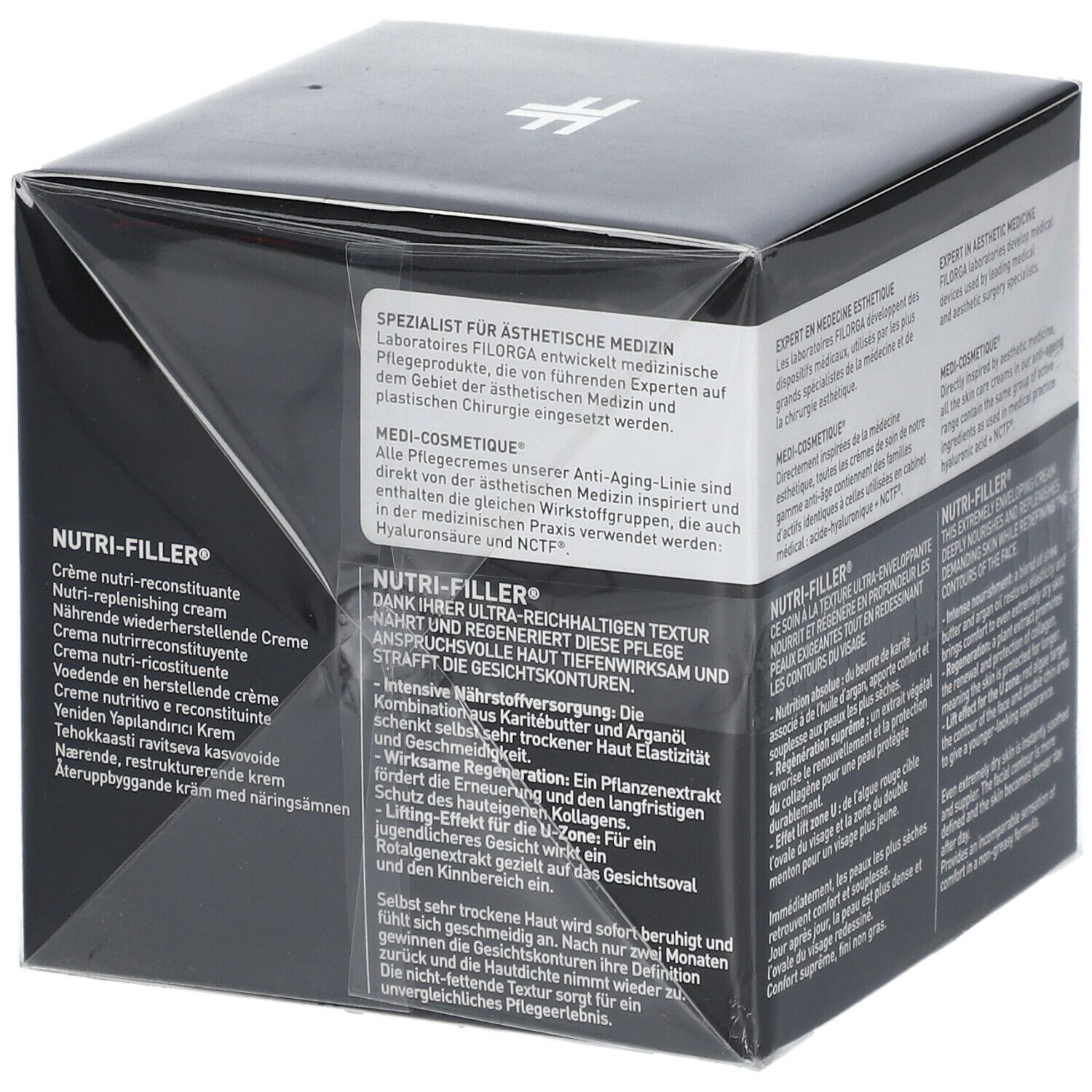 Scatola nera con logo FILORGA e scritta NUTRI-FILLER. Informazioni multilingue sul prodotto stampate.